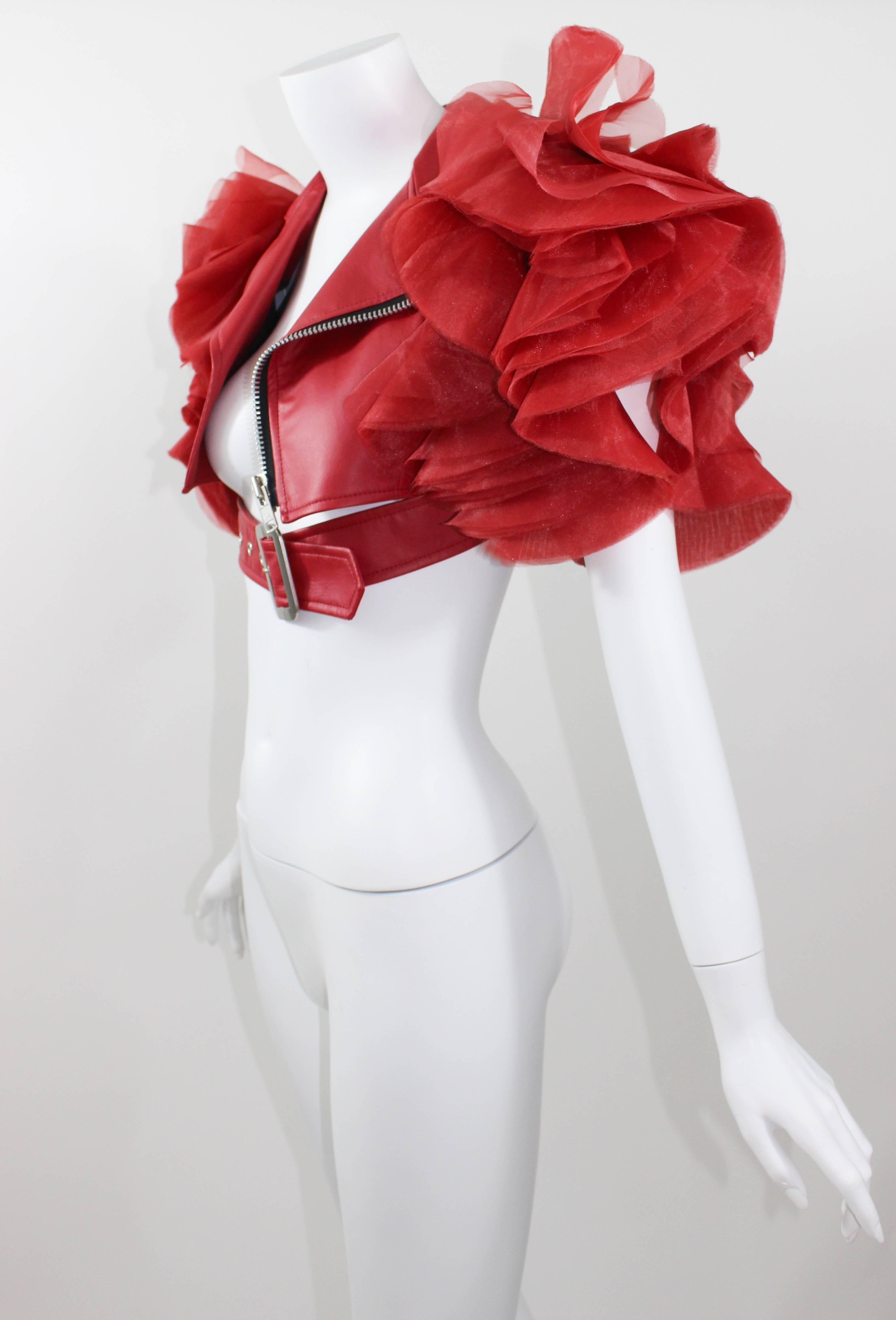 2012 Junya Watanabe Comme Des Garcons Red Faux Leather Ruffle Cropped Jacket 1