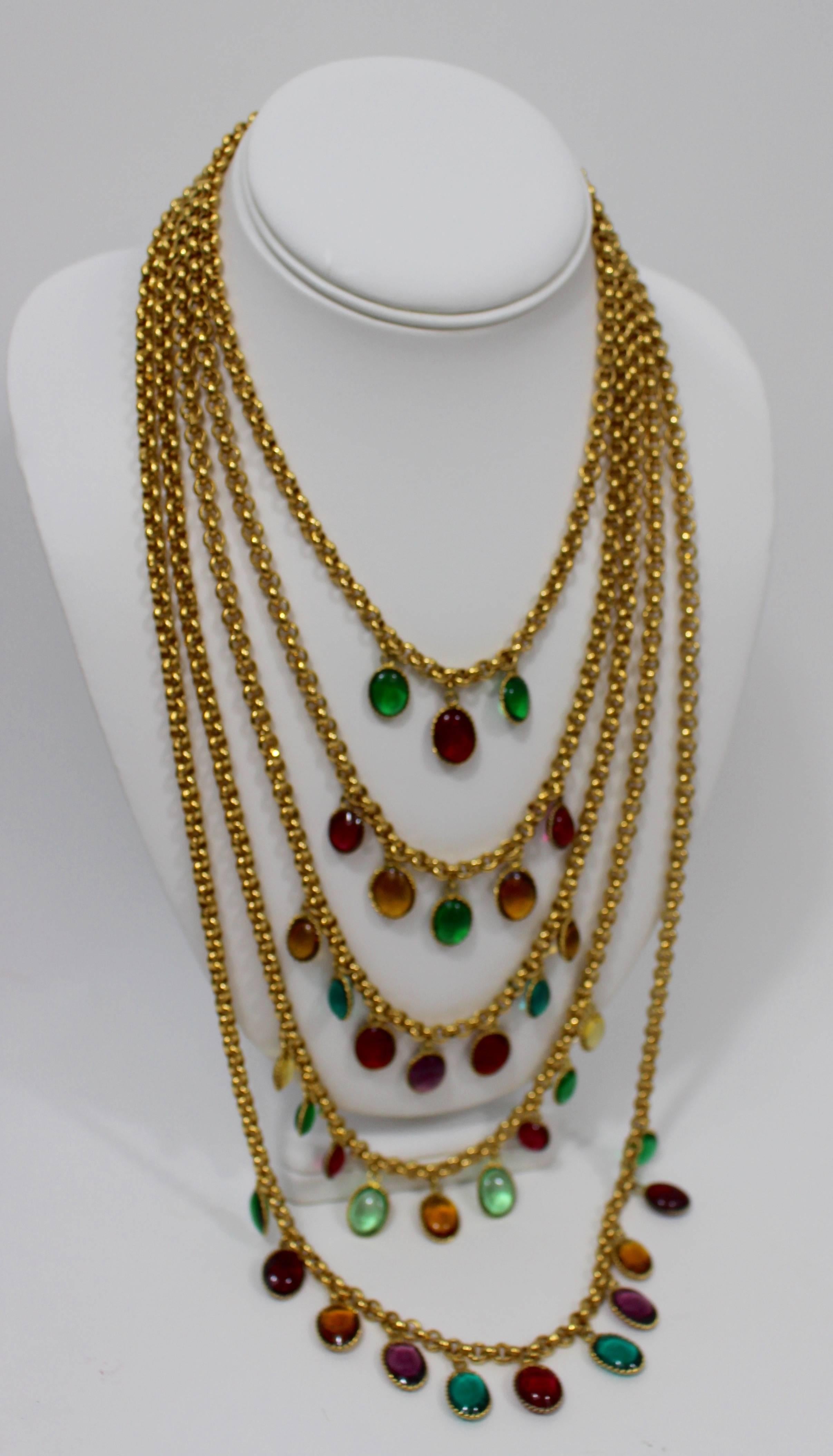 Byzantine Chanel 5 Strand Gold Chain Colorful Gripoix Bead Necklace, 1980s  
