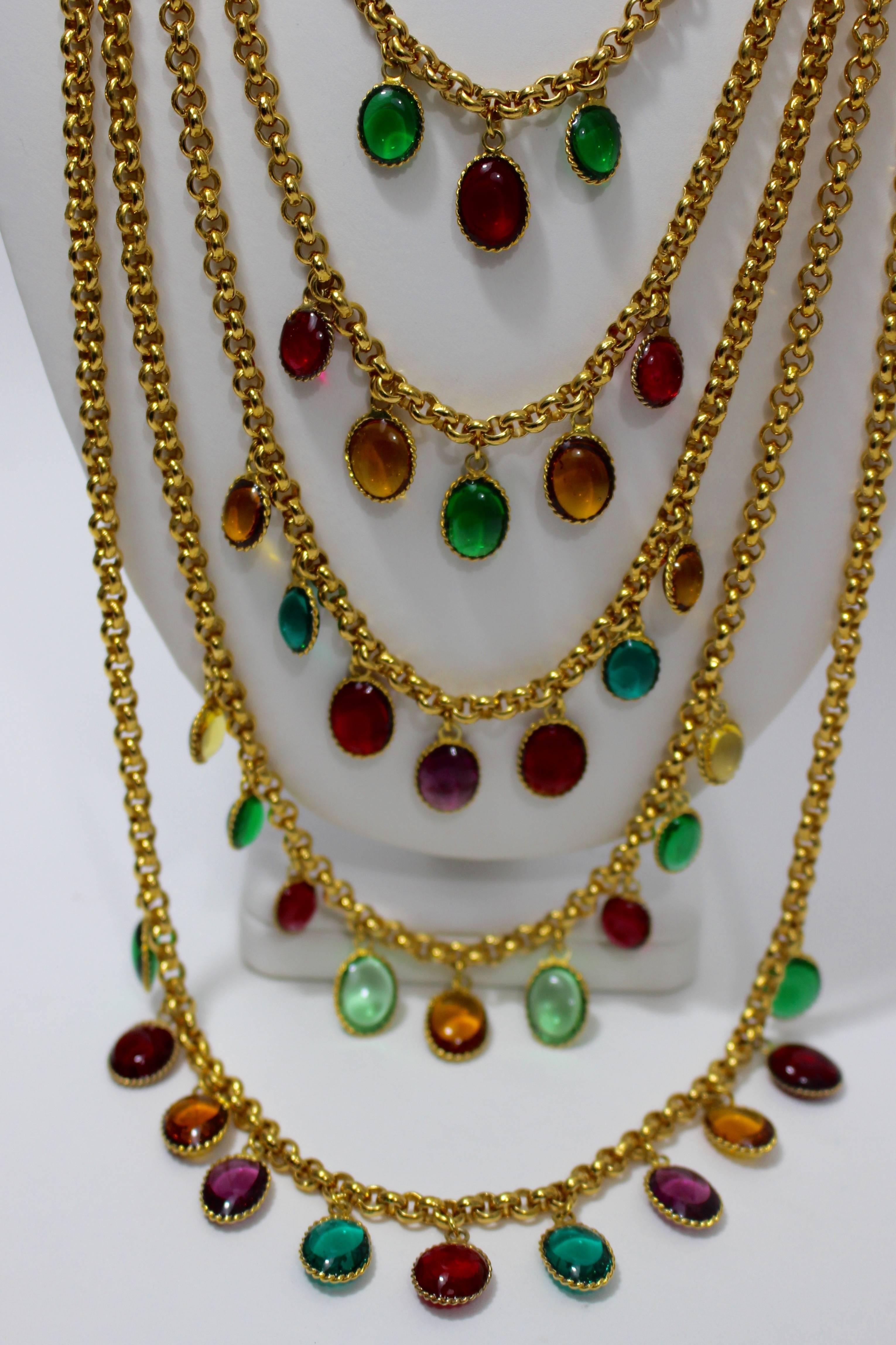 Chanel 5 Strand Gold Chain Colorful Gripoix Bead Necklace, 1980s   In Excellent Condition In Boca Raton, FL
