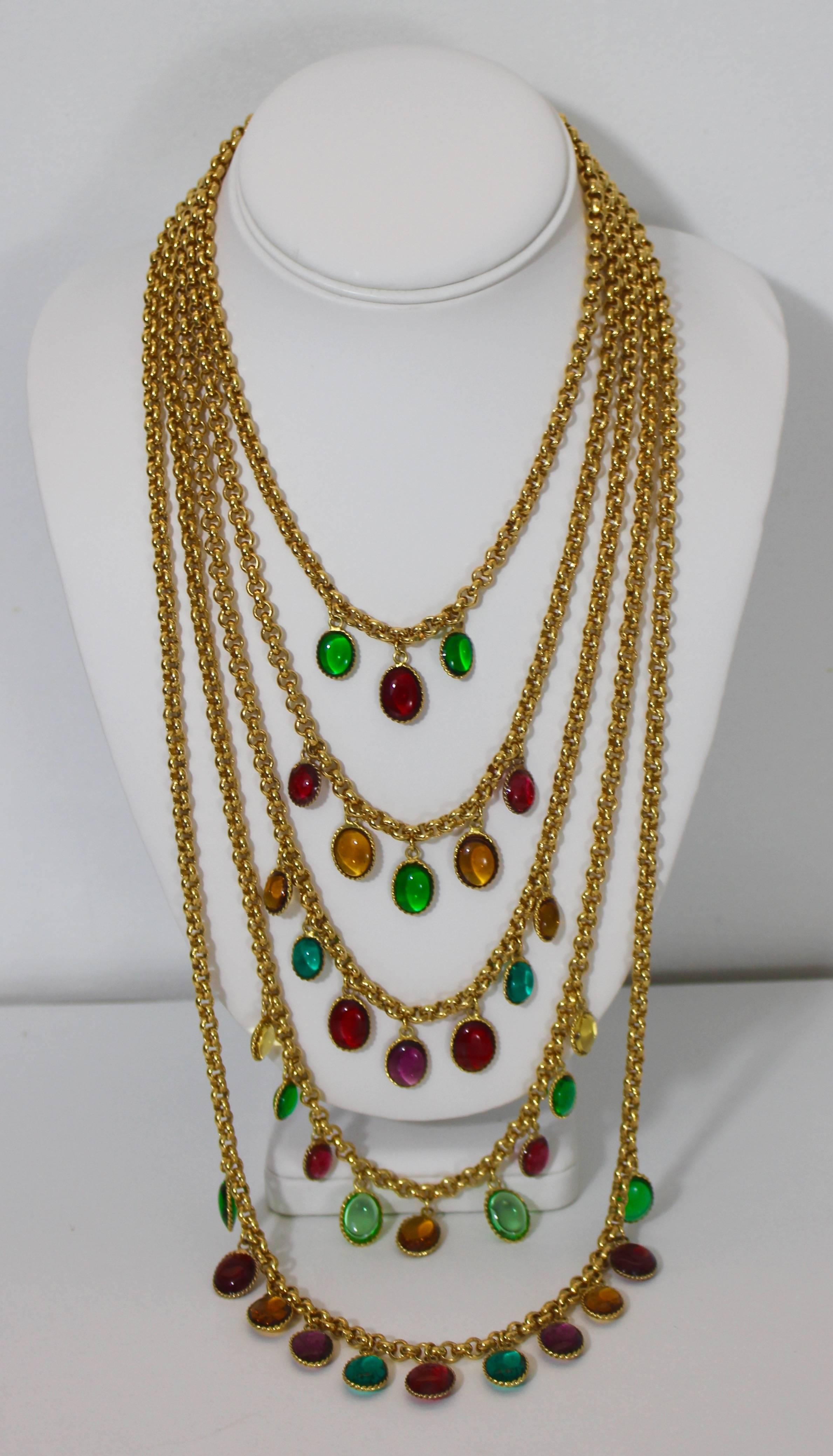 Chanel 5 Strand Gold Chain Colorful Gripoix Bead Necklace, 1980s   3