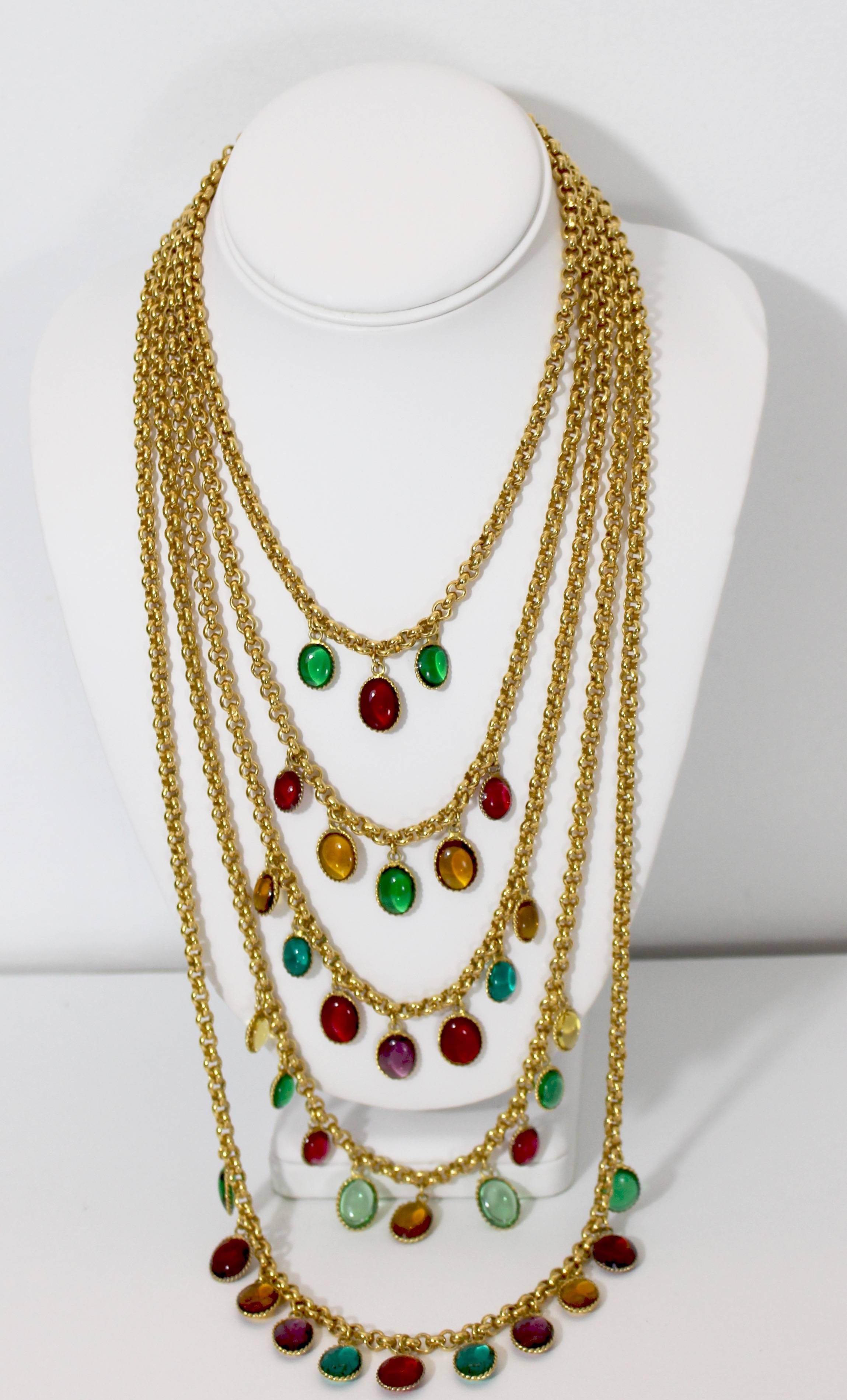 Chanel 5 Strand Gold Chain Colorful Gripoix Bead Necklace, 1980s 4