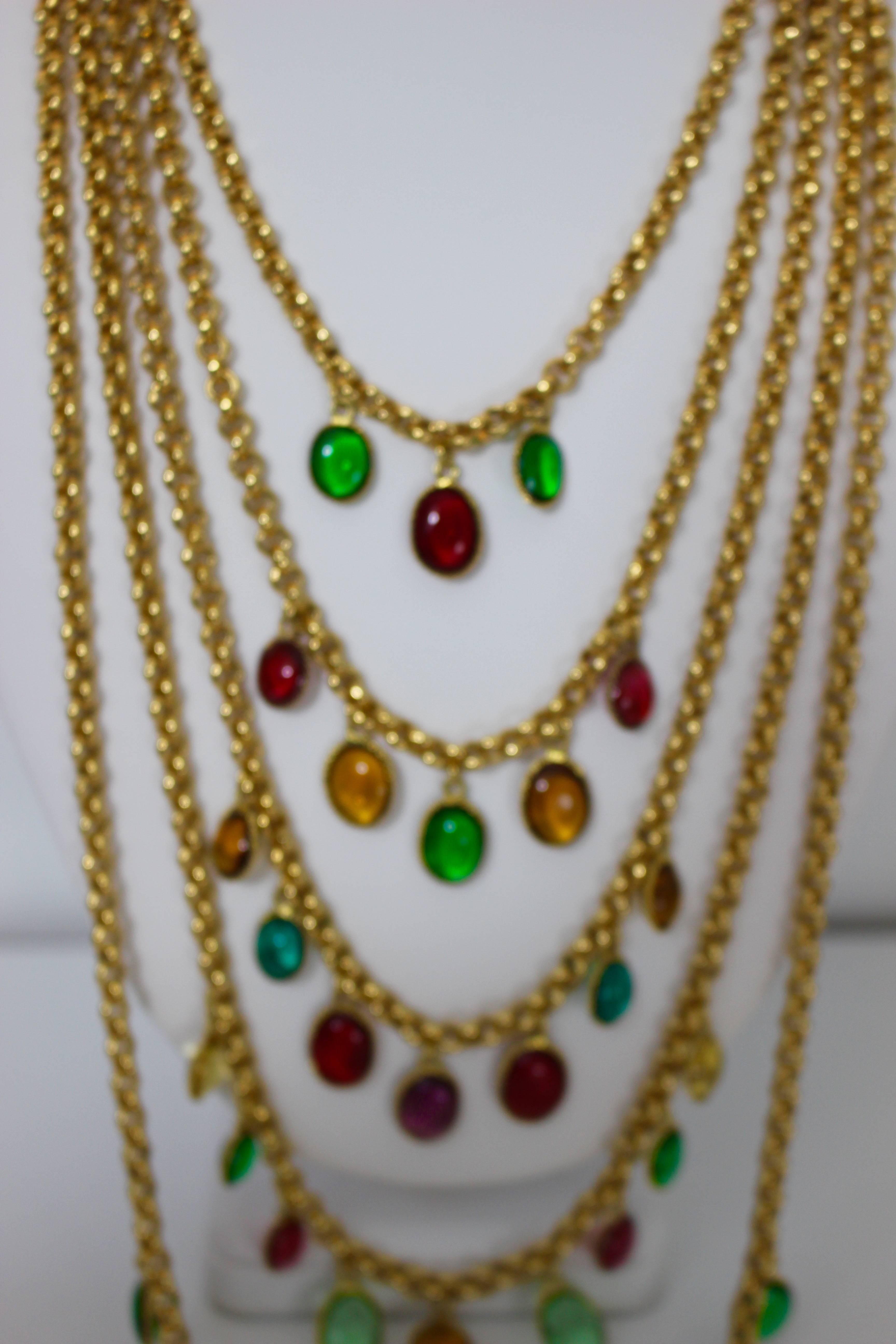 Women's Chanel 5 Strand Gold Chain Colorful Gripoix Bead Necklace, 1980s  