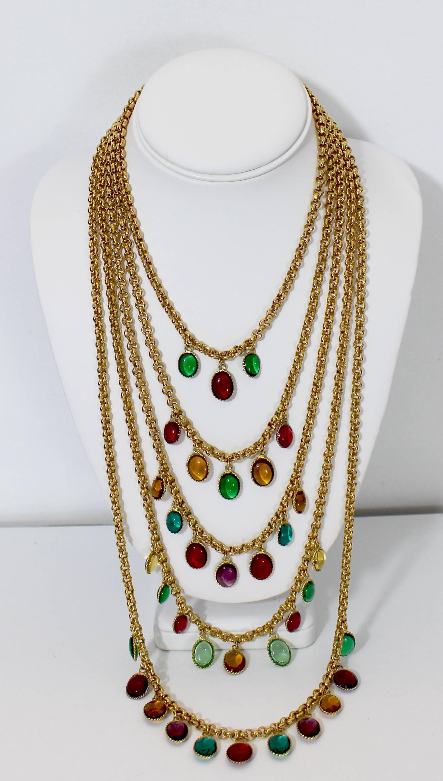 Chanel 5 Strand Gold Chain Colorful Gripoix Bead Necklace, 1980s   5