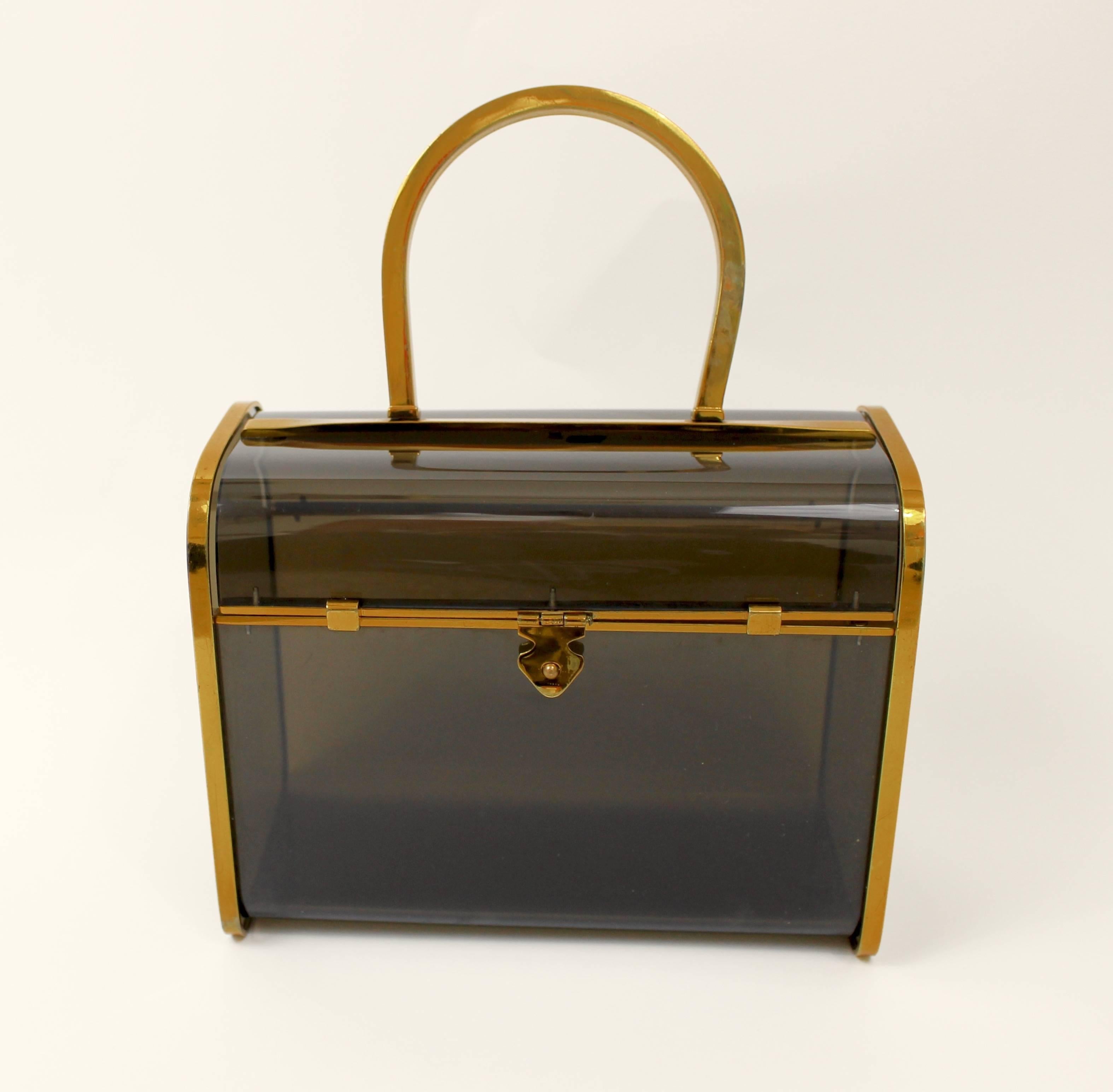 Brown Judith Leiber Smoke Lucite & Brass Top Handle Bag/ Purse Vintage C1960s