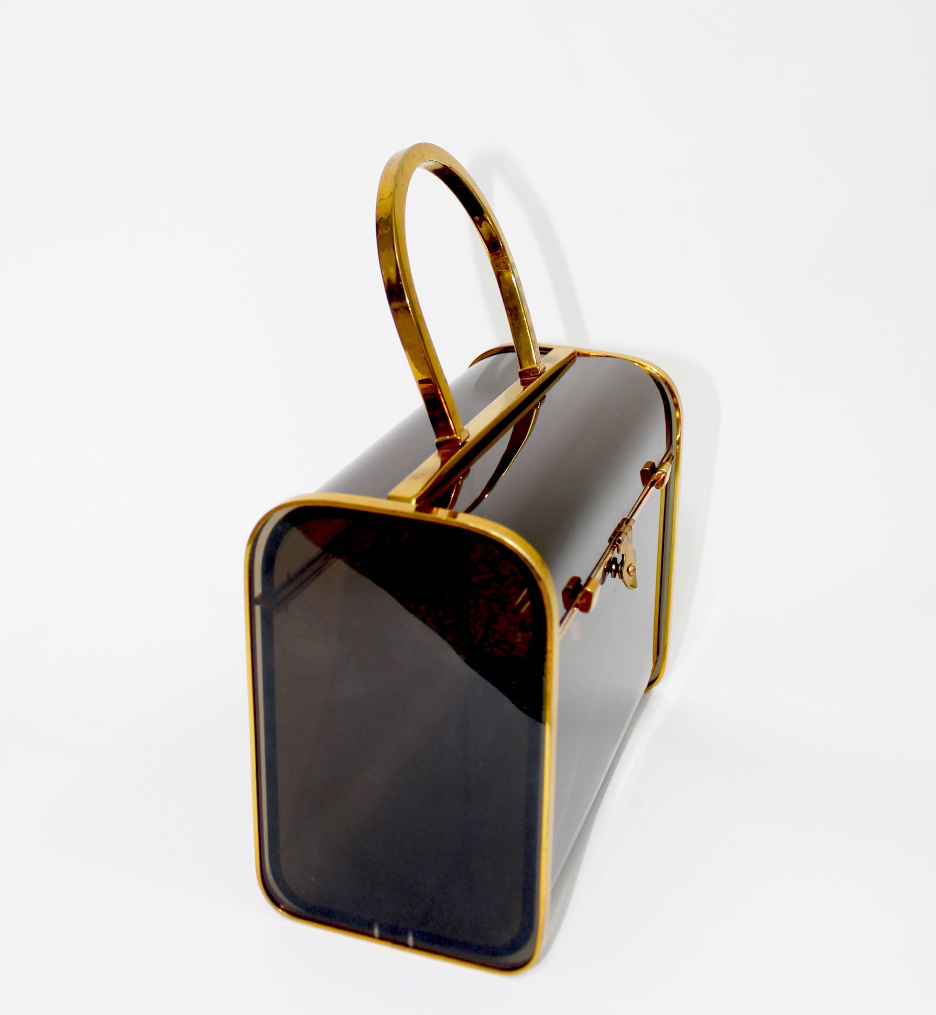 Judith Leiber Smoke Lucite & Brass Top Handle Bag/ Purse Vintage C1960s In Good Condition In Boca Raton, FL