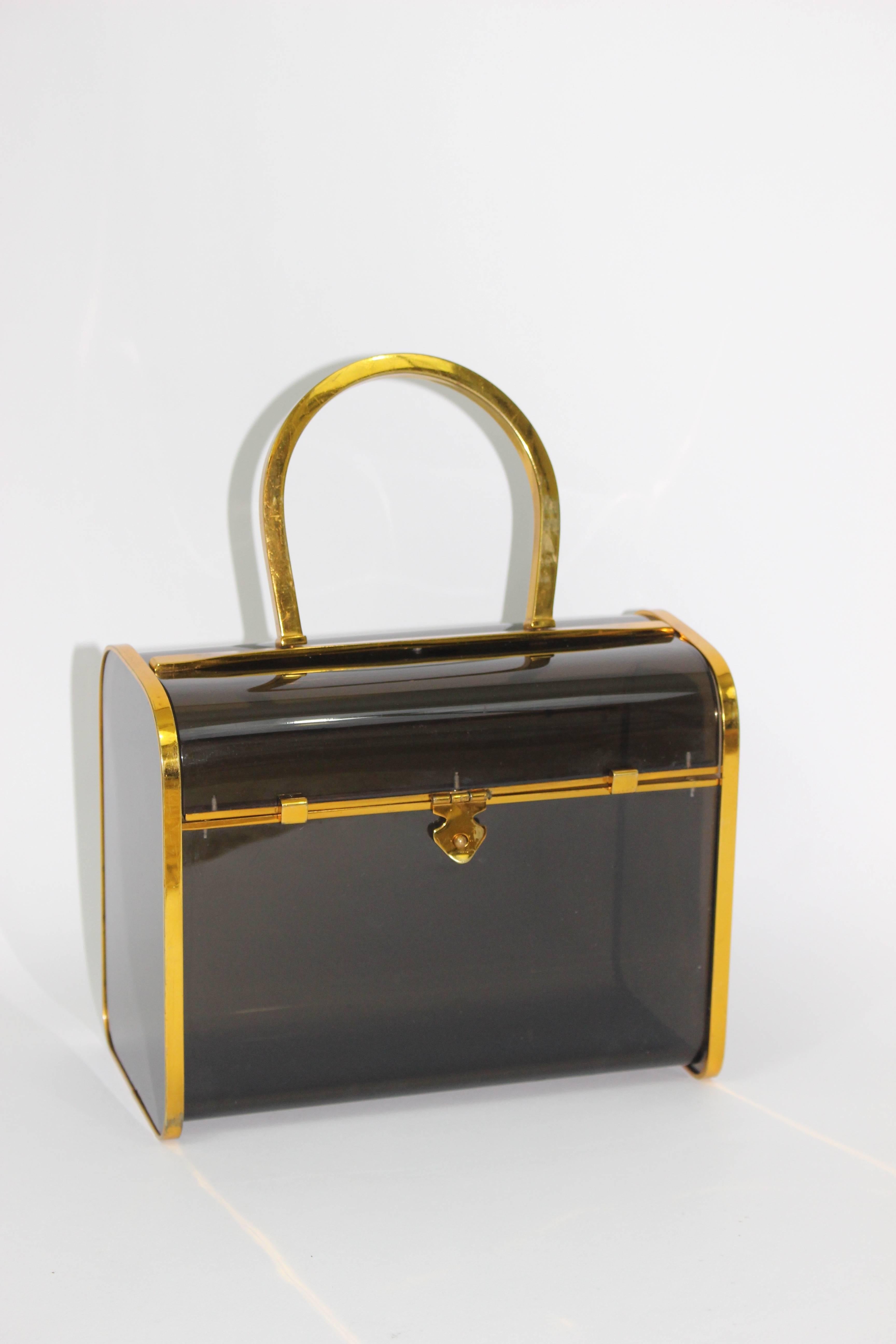 Judith Leiber Smoke Lucite & Brass Top Handle Bag/ Purse Vintage C1960s 5