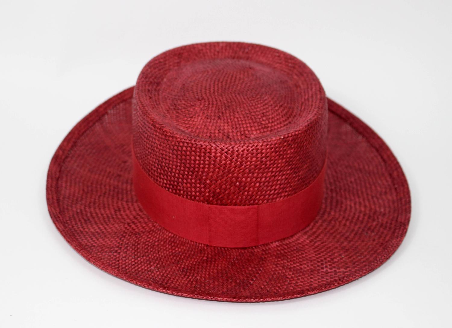 Vintage Chanel Cherry Red Straw Hat For Sale at 1stdibs