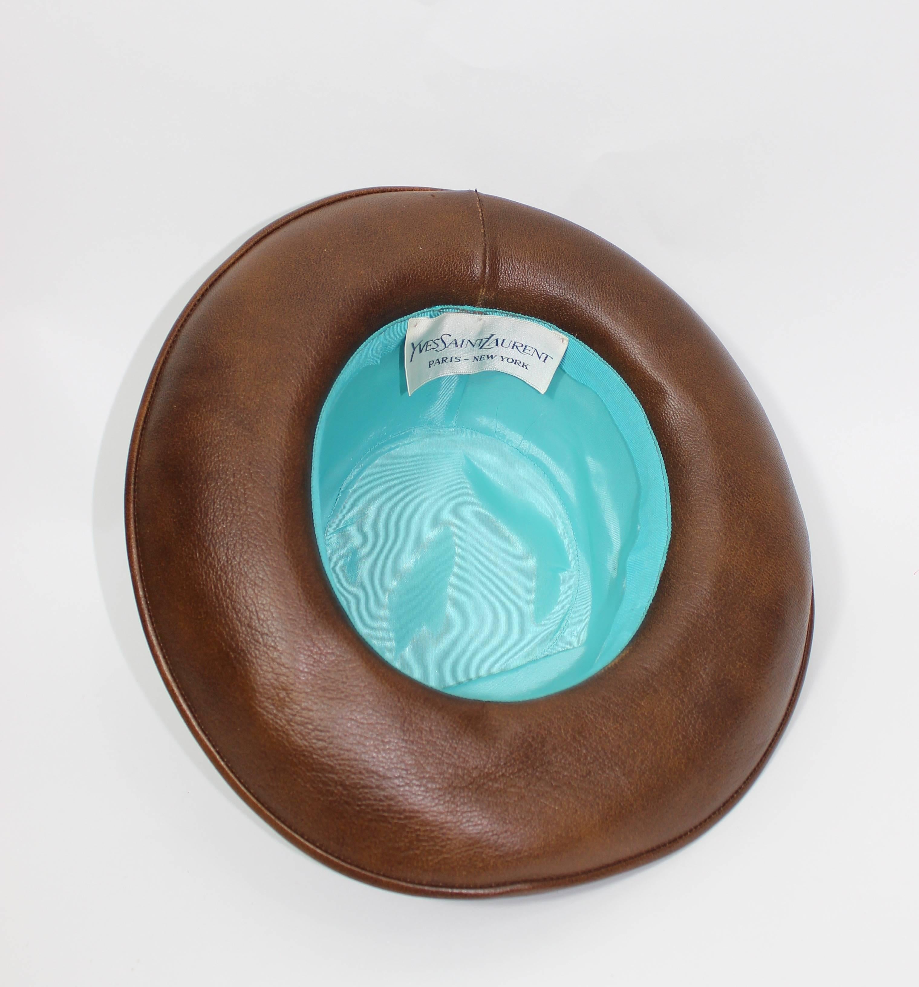 Yves Saint Laurent 1970s Brown Leather Hat Vintage YSL In Excellent Condition In Boca Raton, FL
