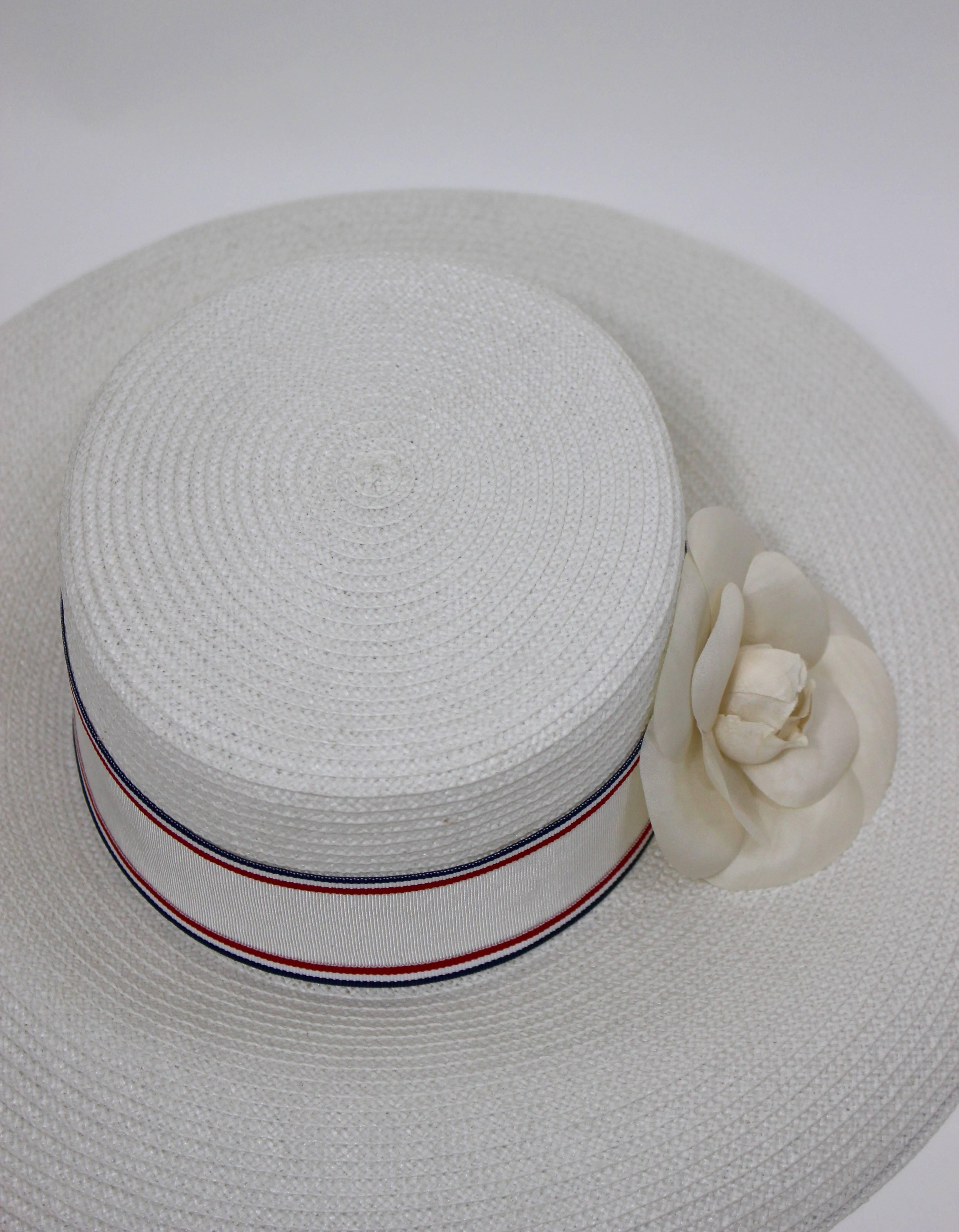 Gray Vintage Chanel White Hat w/ Camellia Flower & Ribbon Trim