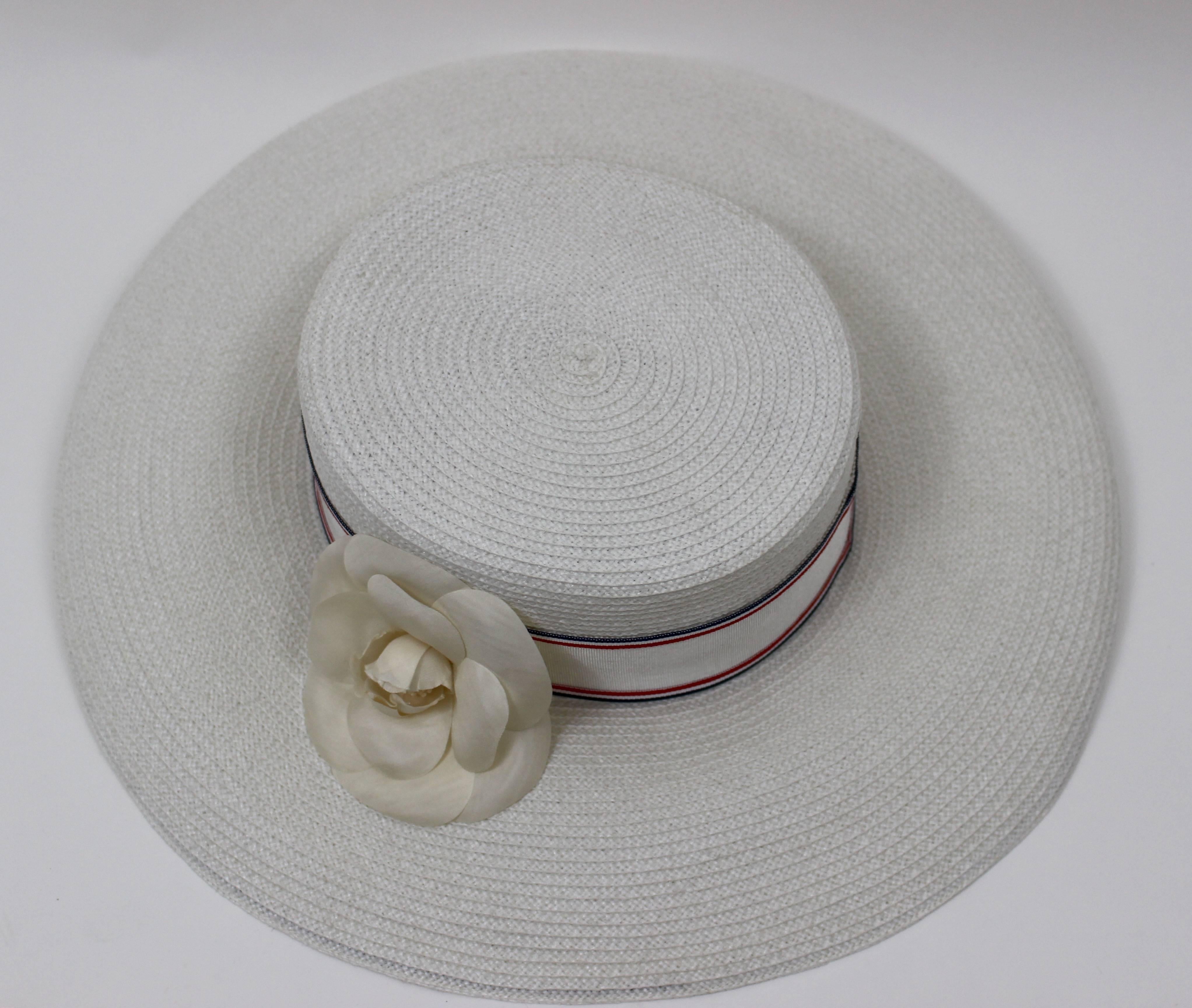 Women's Vintage Chanel White Hat w/ Camellia Flower & Ribbon Trim