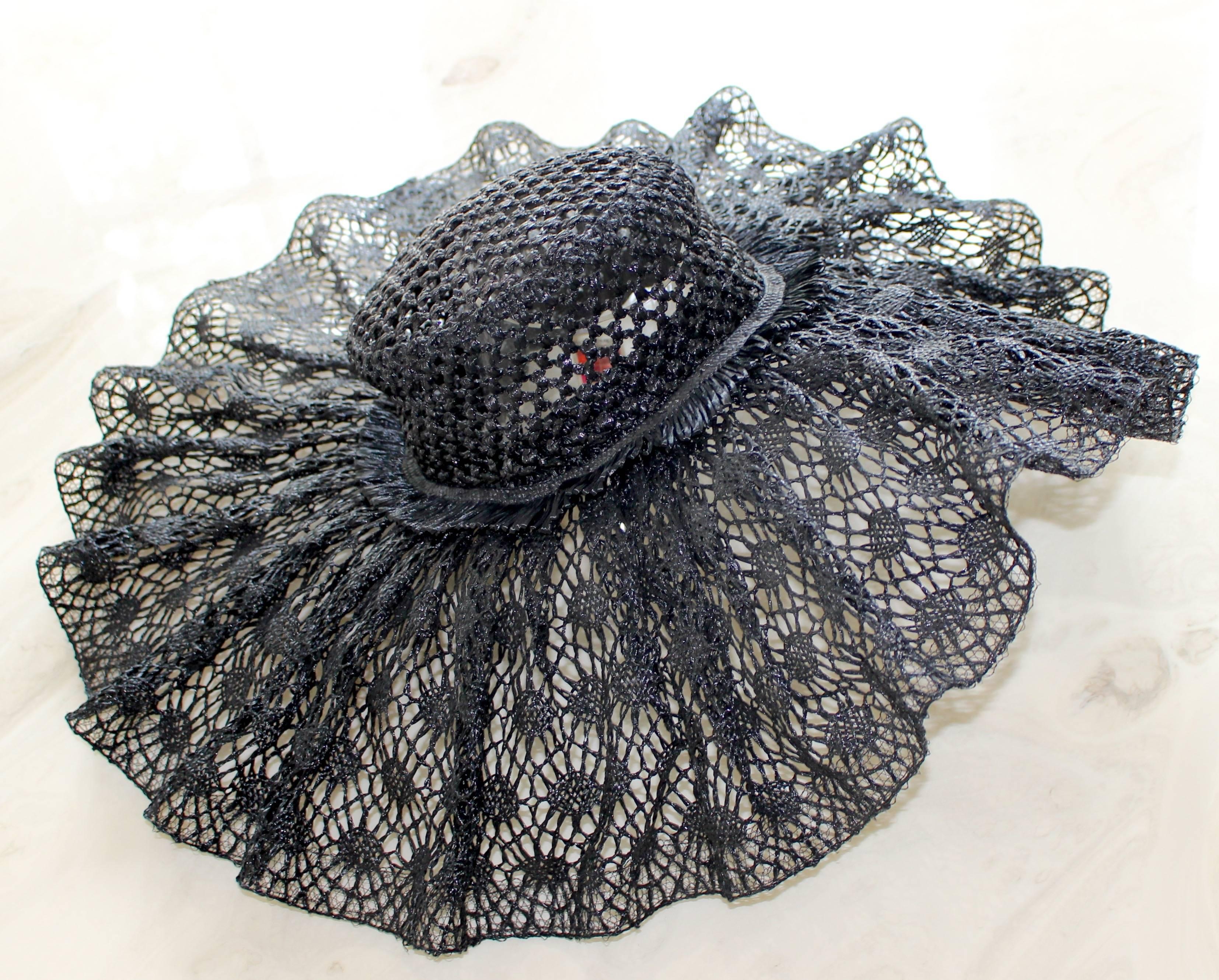 YSL Vintage Yves Saint Laurent Black Raffia Lace Hat with Tags In Excellent Condition In Boca Raton, FL