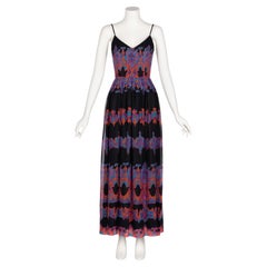 Vintage Pauline Trigère Cotton Silk Voile Black Vivid Print Sleeveless Dress, 1970s 