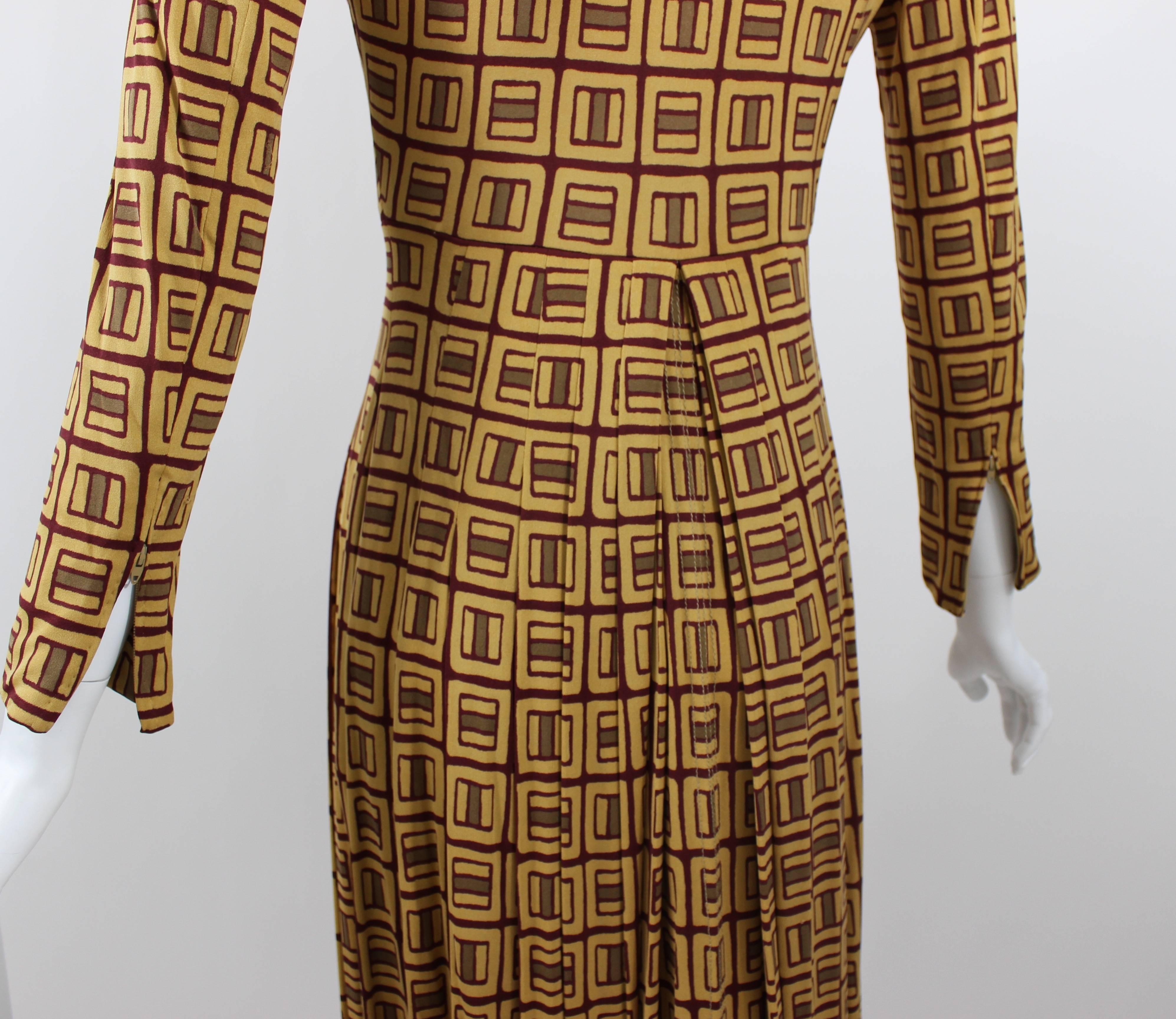 Women's 1970s Galanos Golden Yellow and Burgundy Print Silk Jersey Dress