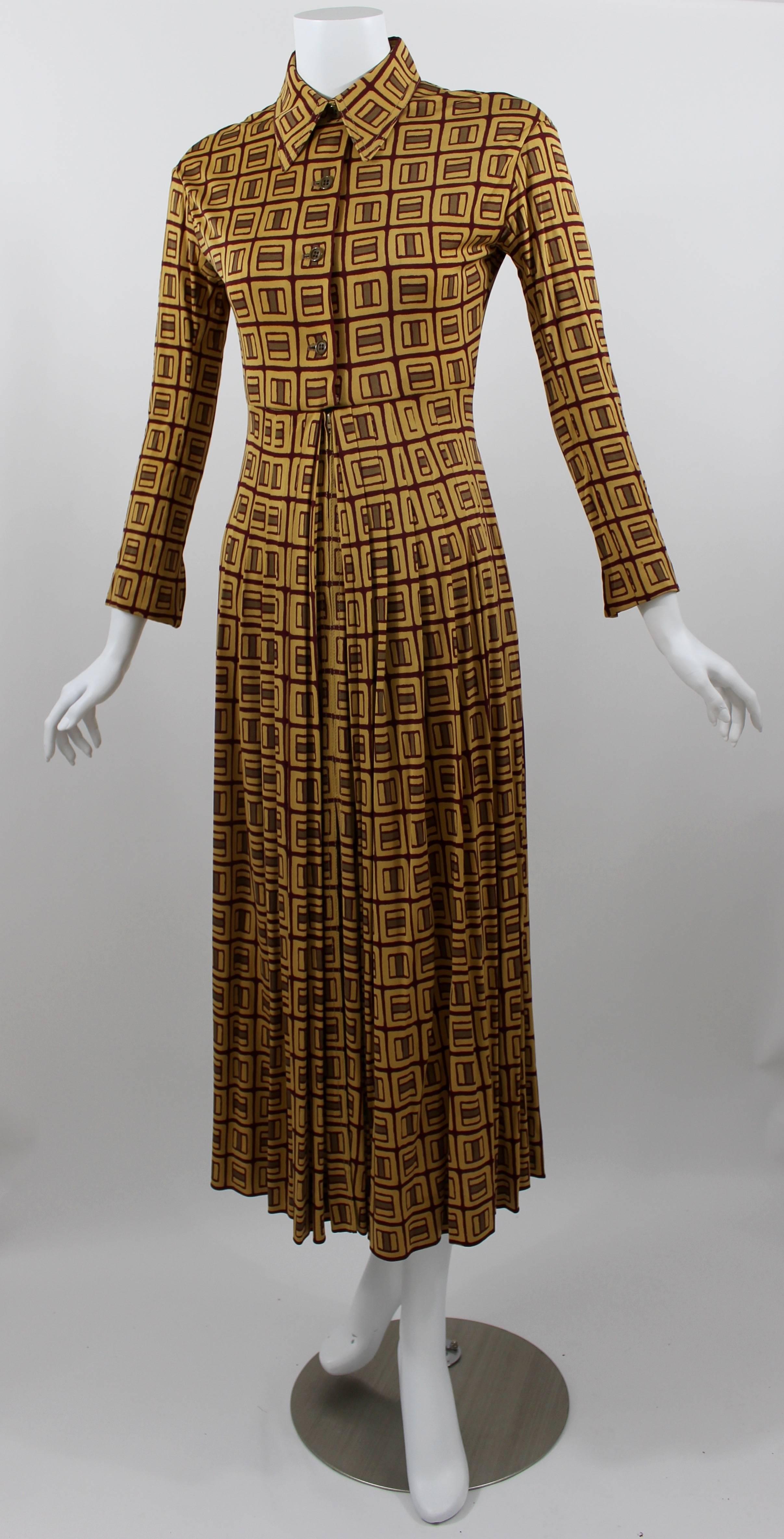 1970s Galanos Golden Yellow and Burgundy Print Silk Jersey Dress 1