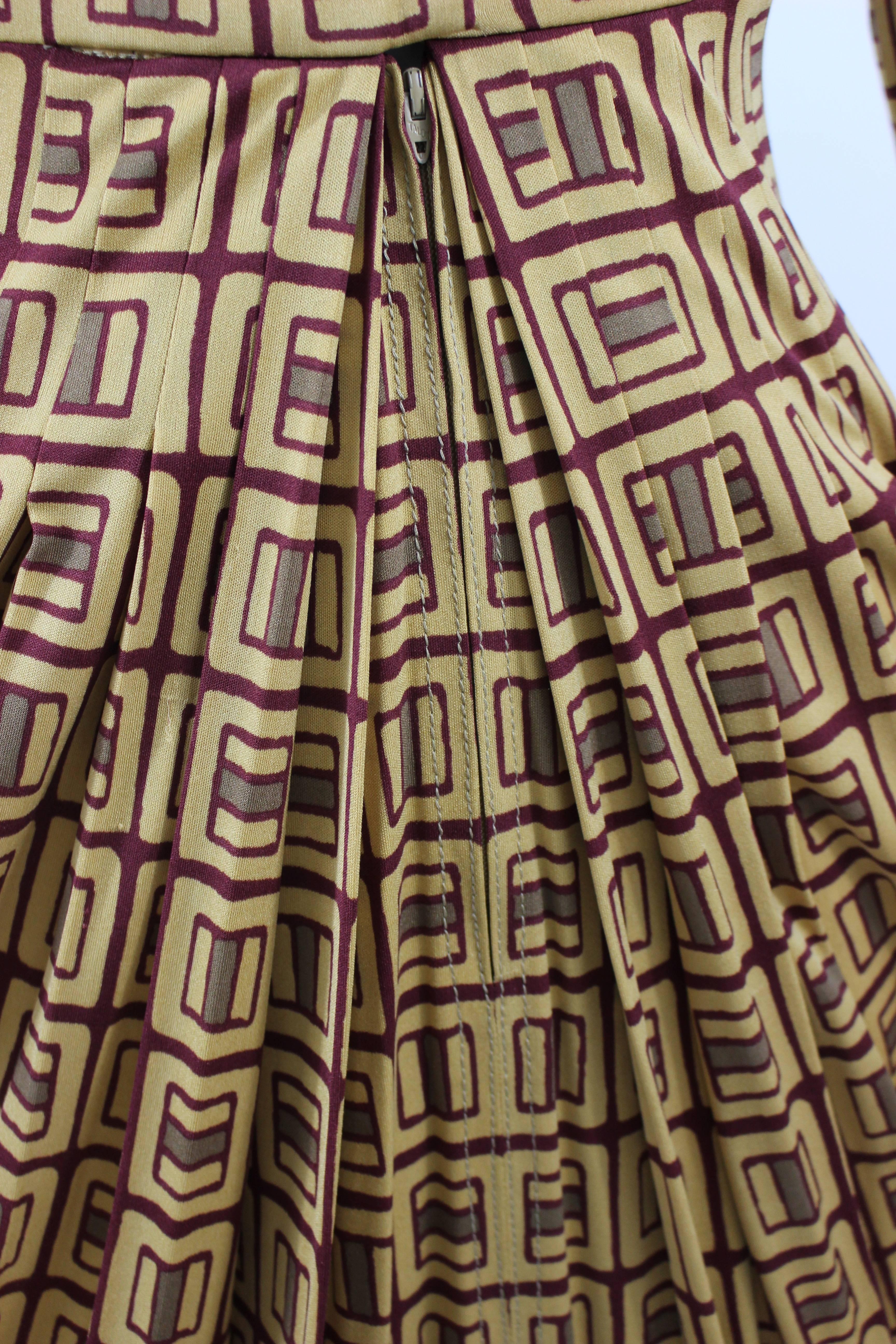 1970s Galanos Golden Yellow and Burgundy Print Silk Jersey Dress 2