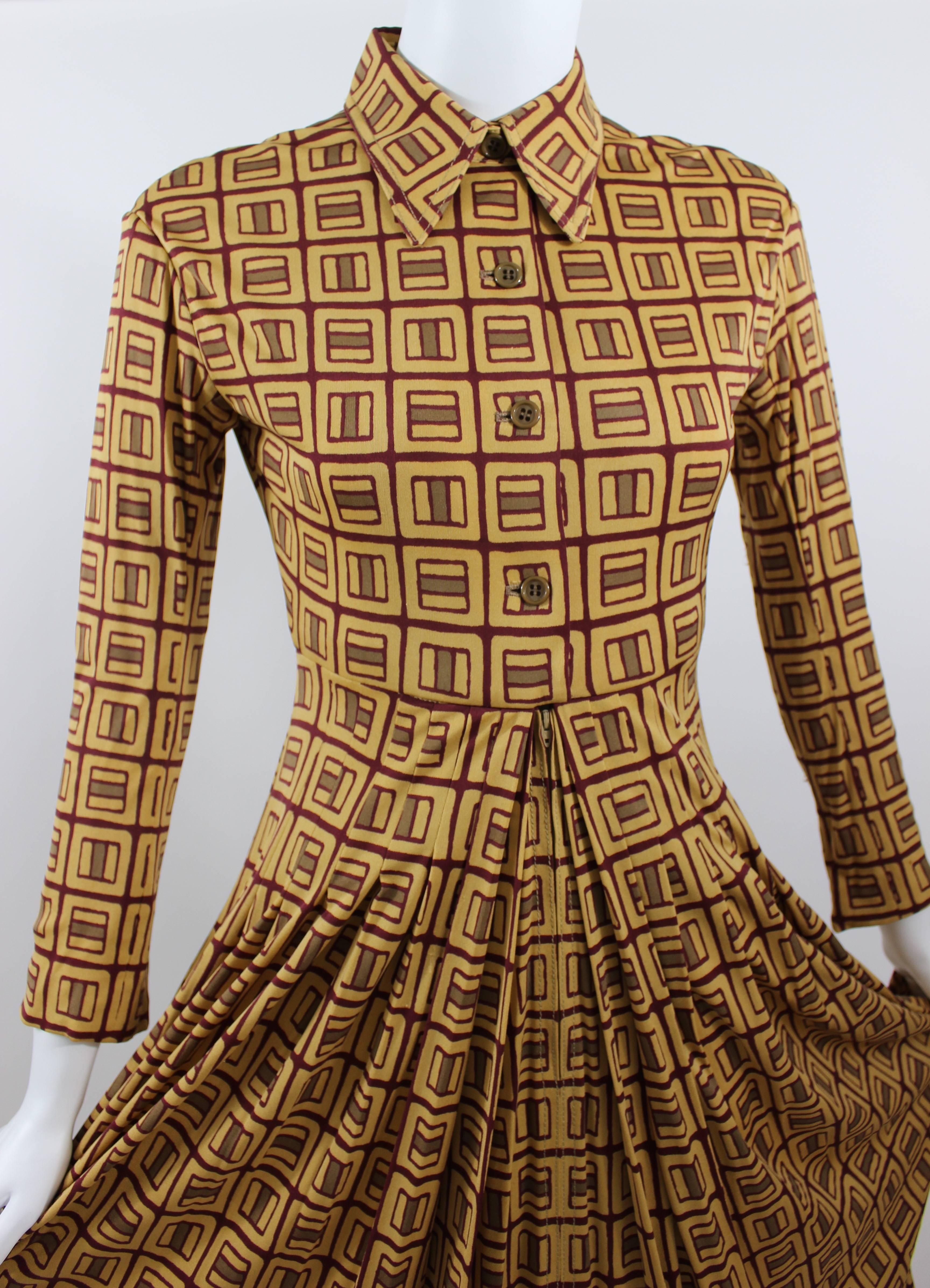 1970s Galanos Golden Yellow and Burgundy Print Silk Jersey Dress 3