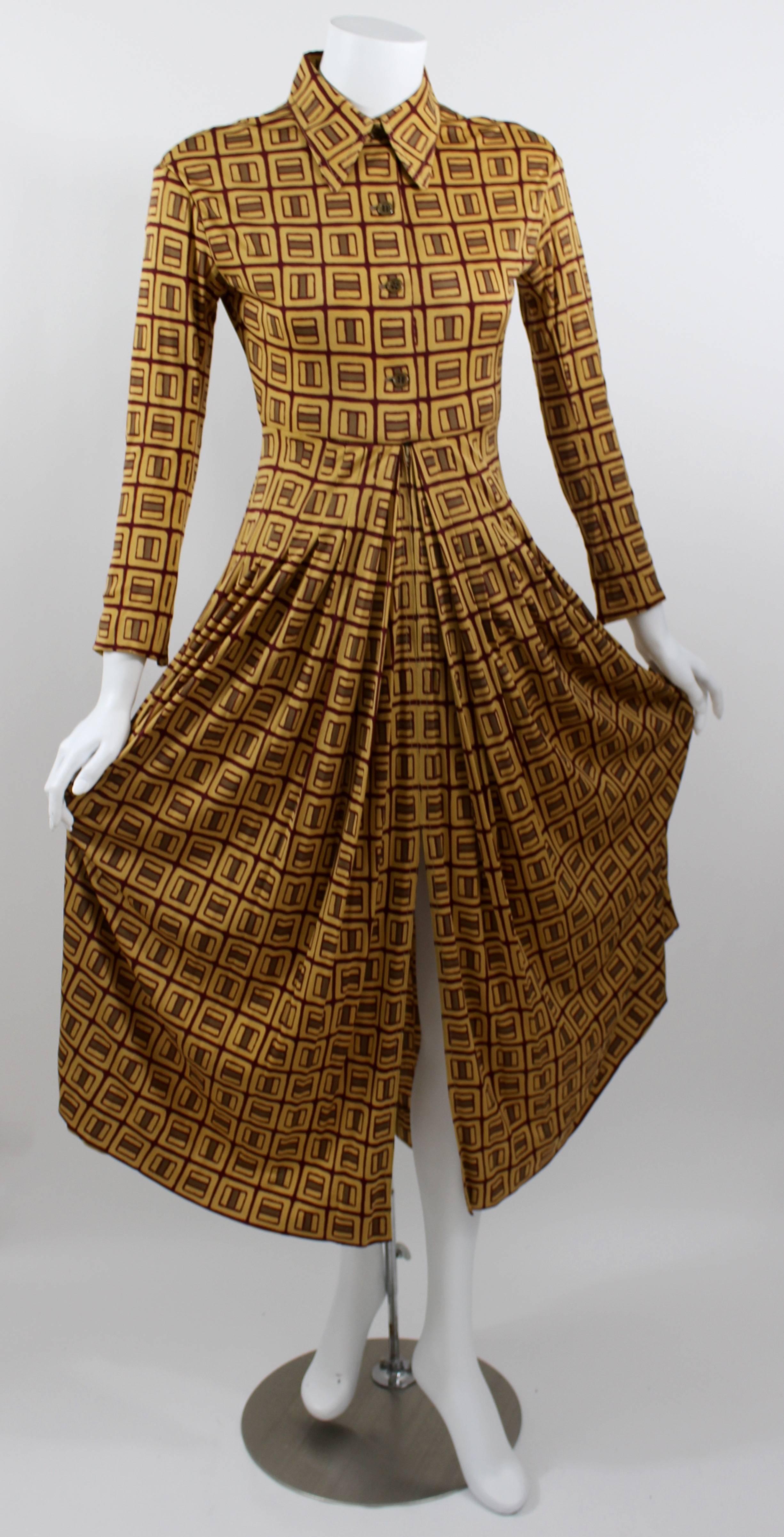 Brown 1970s Galanos Golden Yellow and Burgundy Print Silk Jersey Dress
