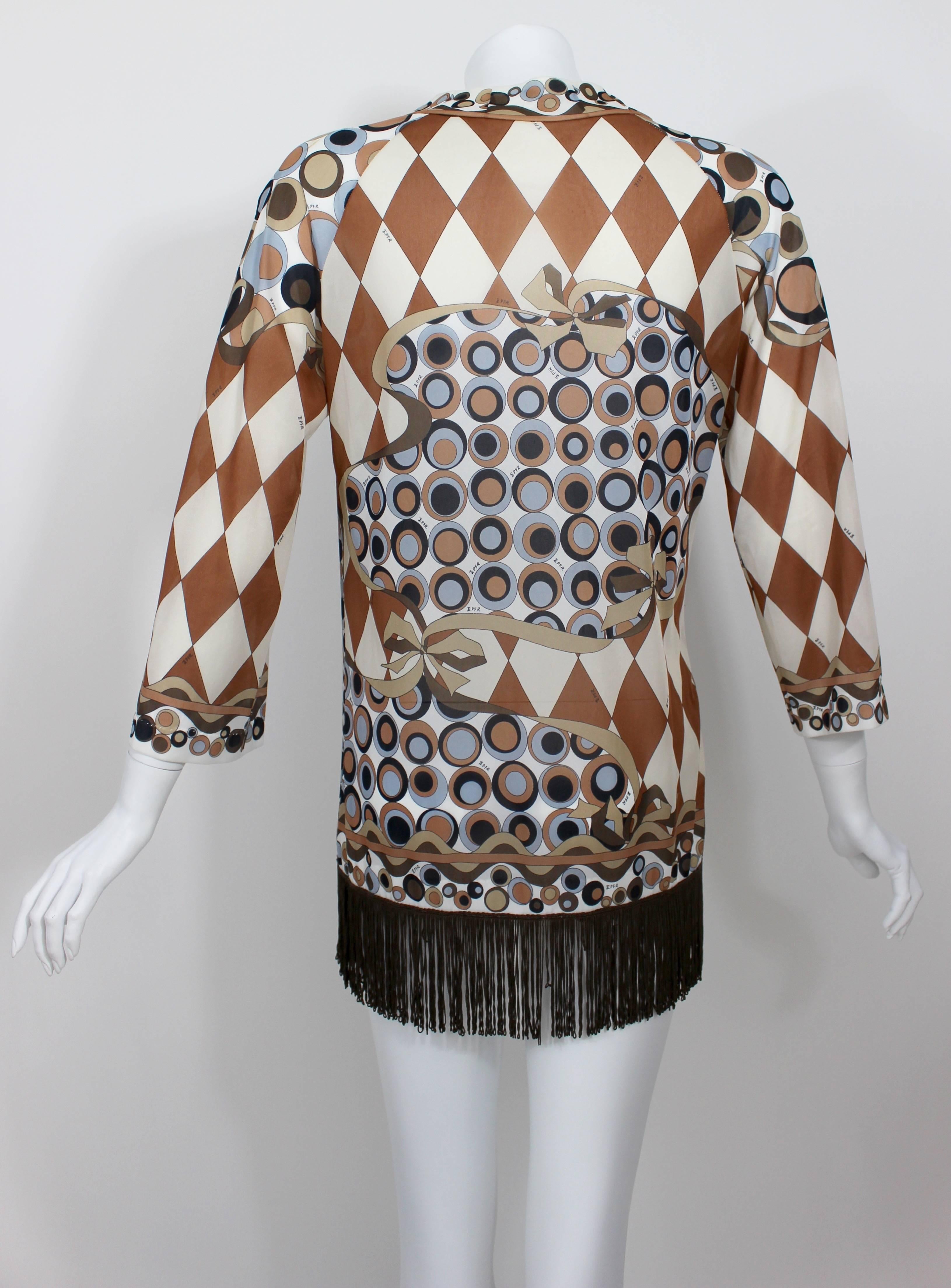 Brown 1960s Emilio Pucci for FR Signature Print Fringe Tunic / Top