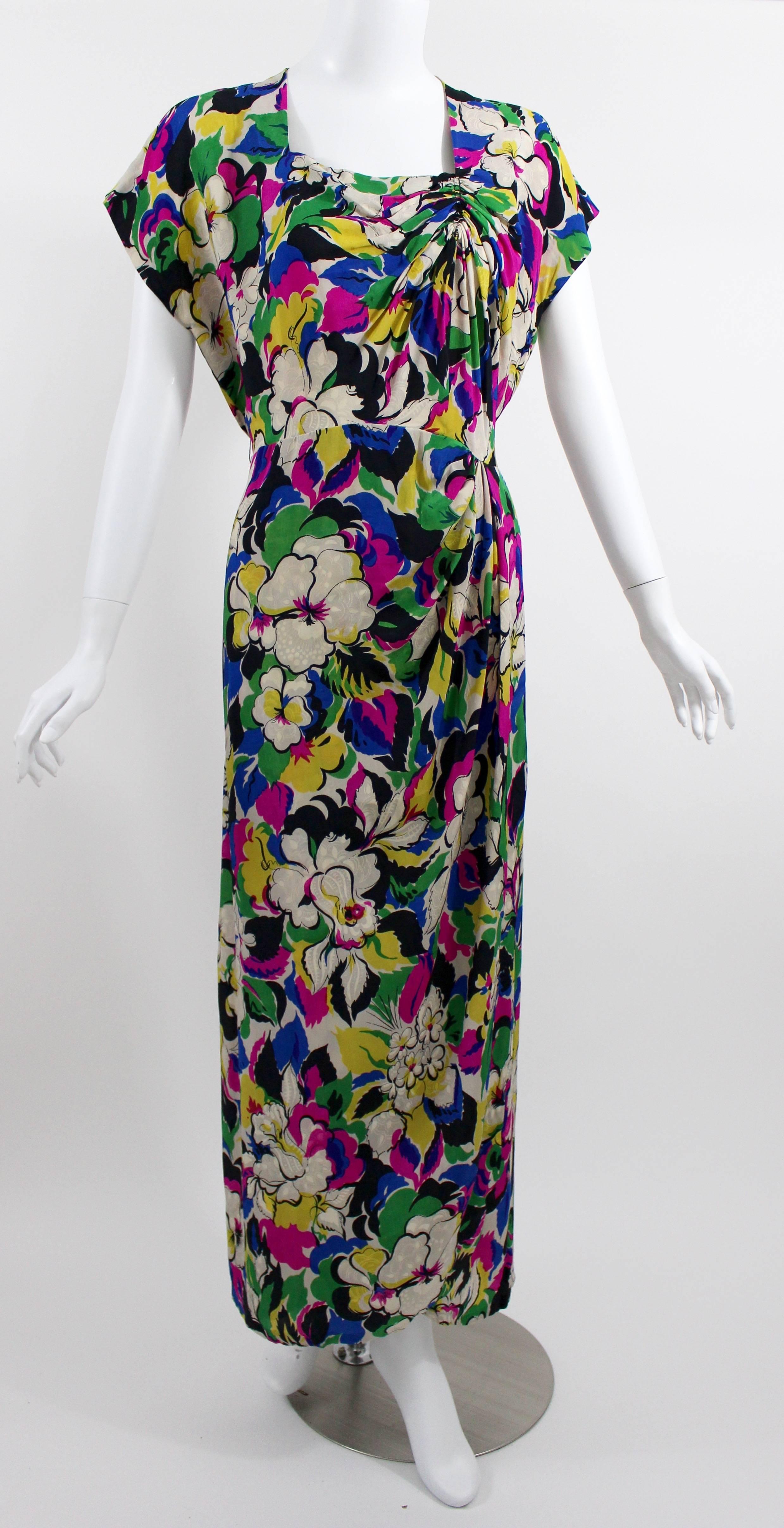 Black 1940s Bright Floral Silk Damask Square Neckline & Ruched Short Sleeve Dress
