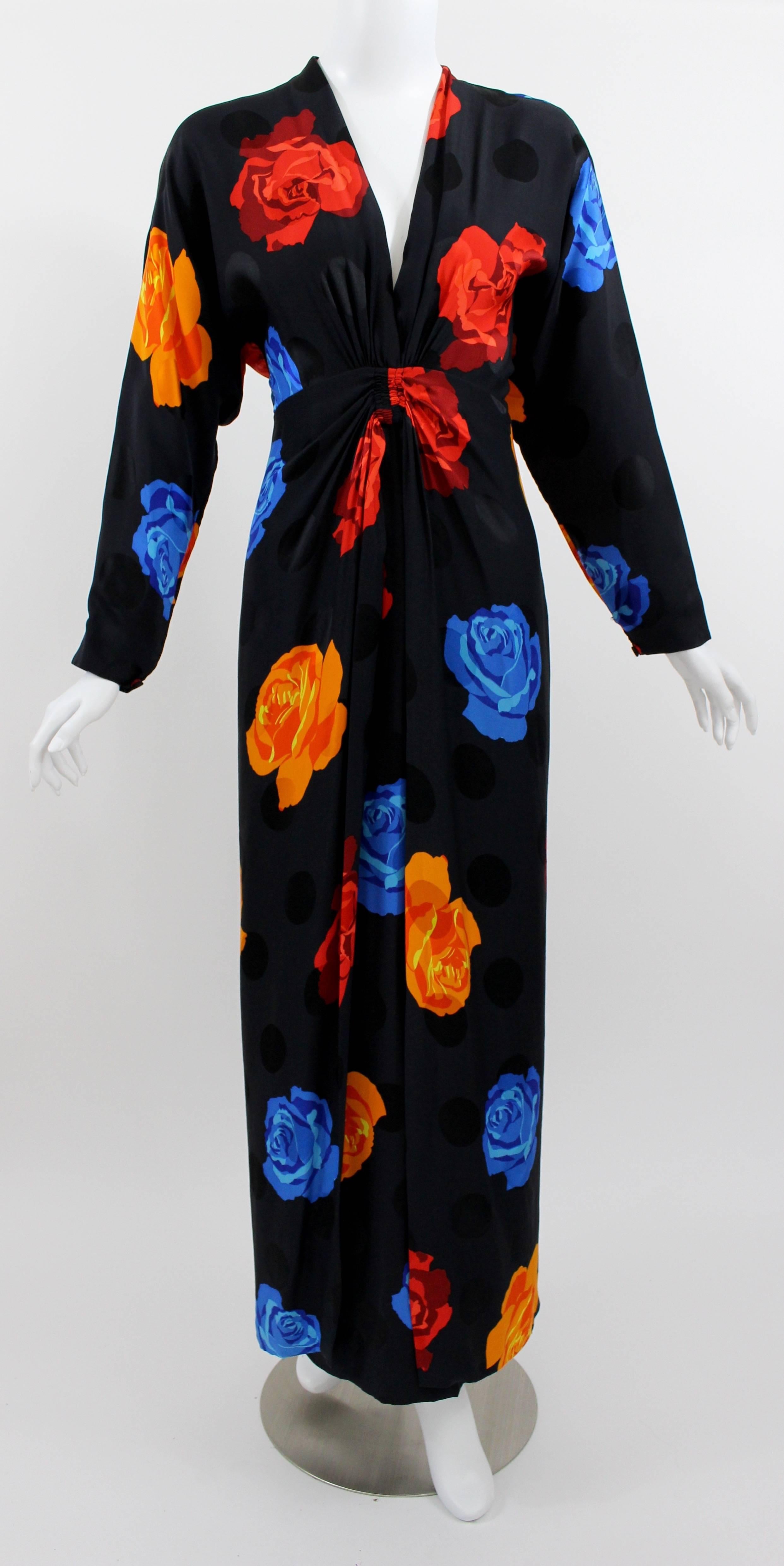1980s Adele Simpson Silk Roses and Black Dots Plunge Neck Evening Dress In Excellent Condition In Boca Raton, FL