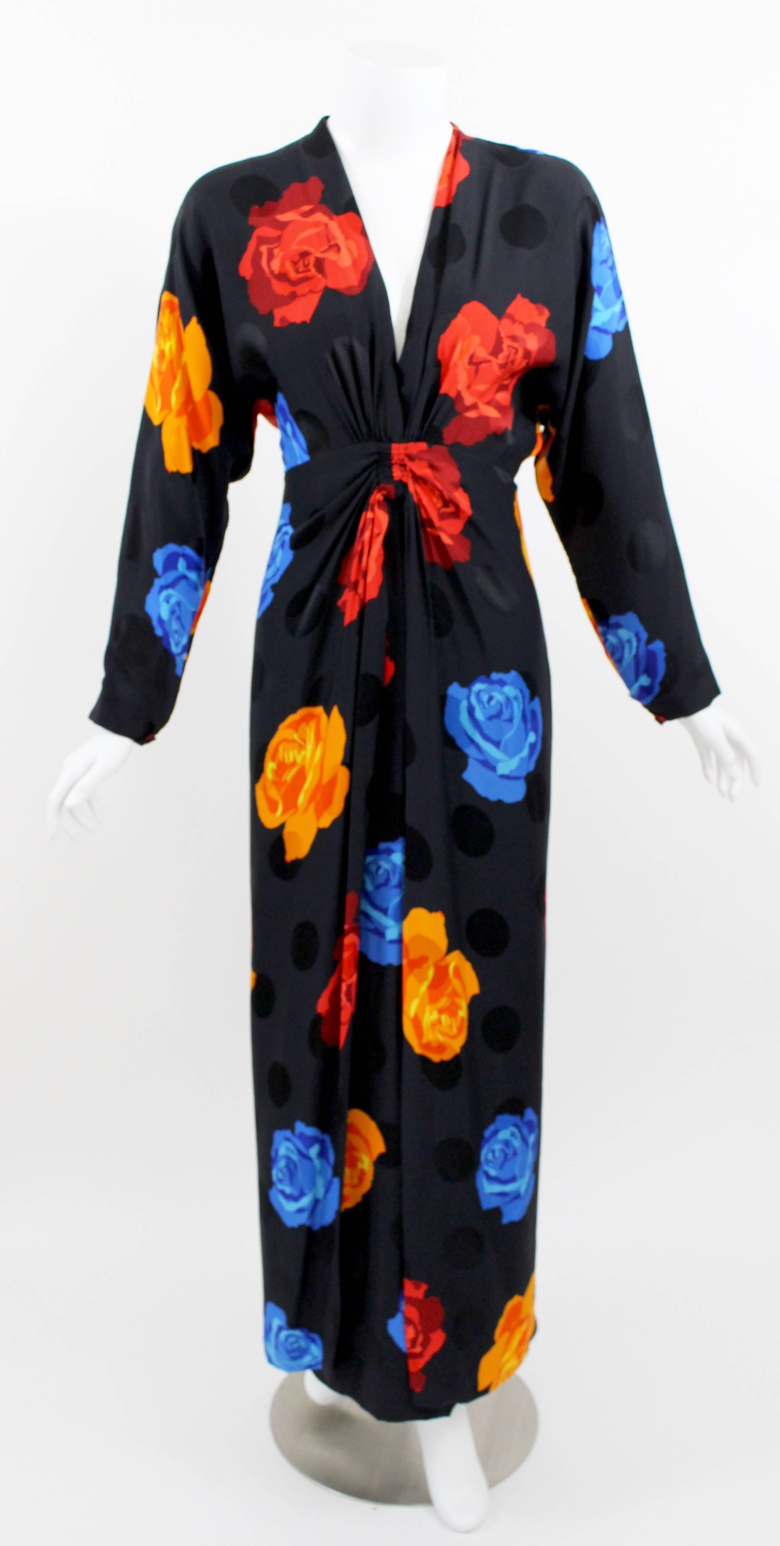Women's 1980s Adele Simpson Silk Roses and Black Dots Plunge Neck Evening Dress
