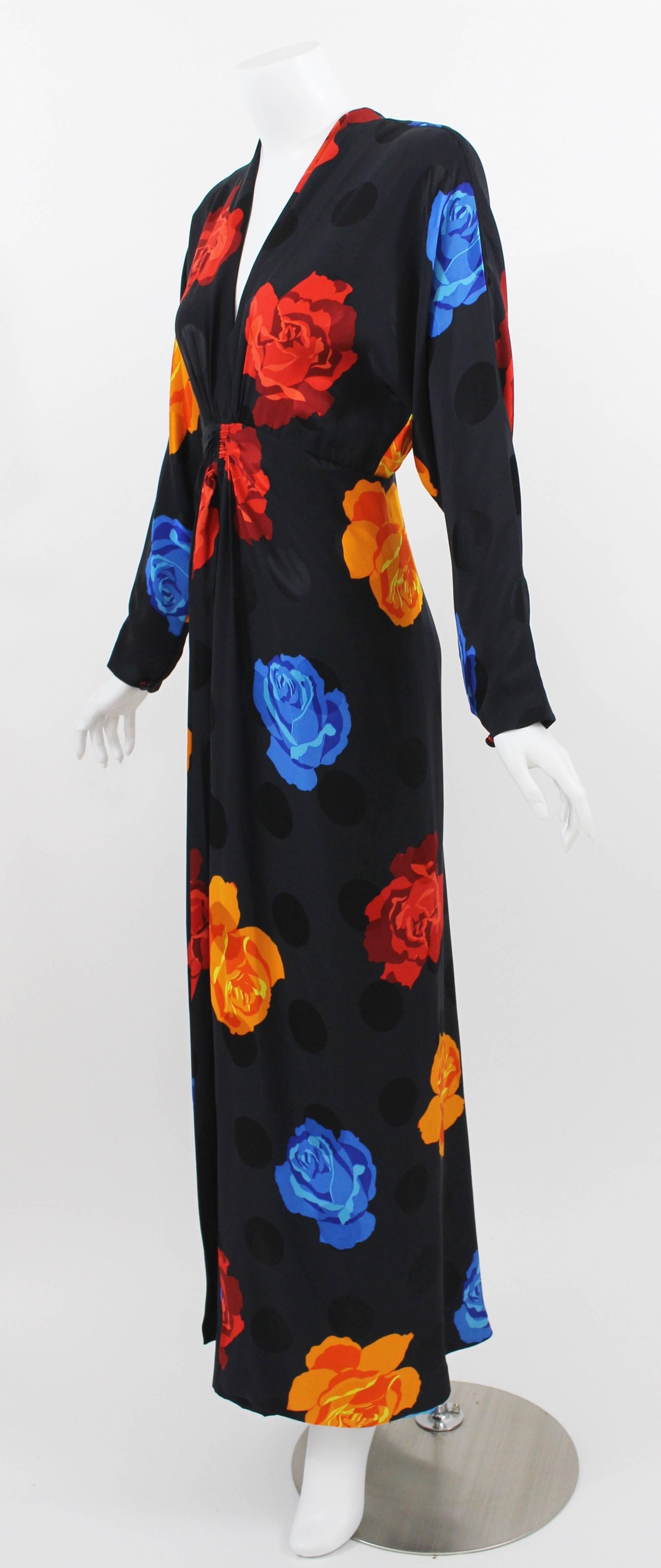 1980s Adele Simpson Silk Roses and Black Dots Plunge Neck Evening Dress 1