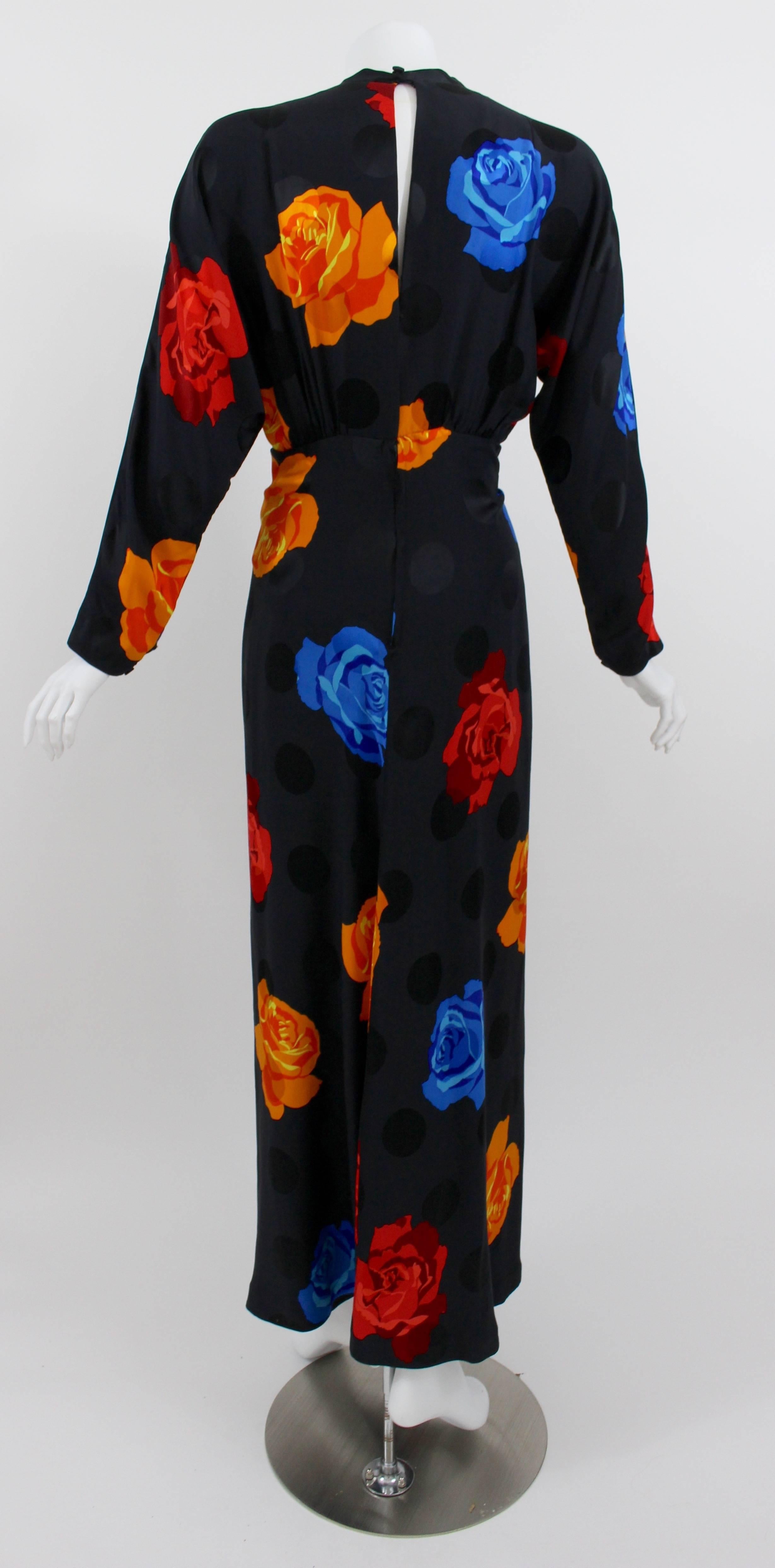 1980s Adele Simpson Silk Roses and Black Dots Plunge Neck Evening Dress 3
