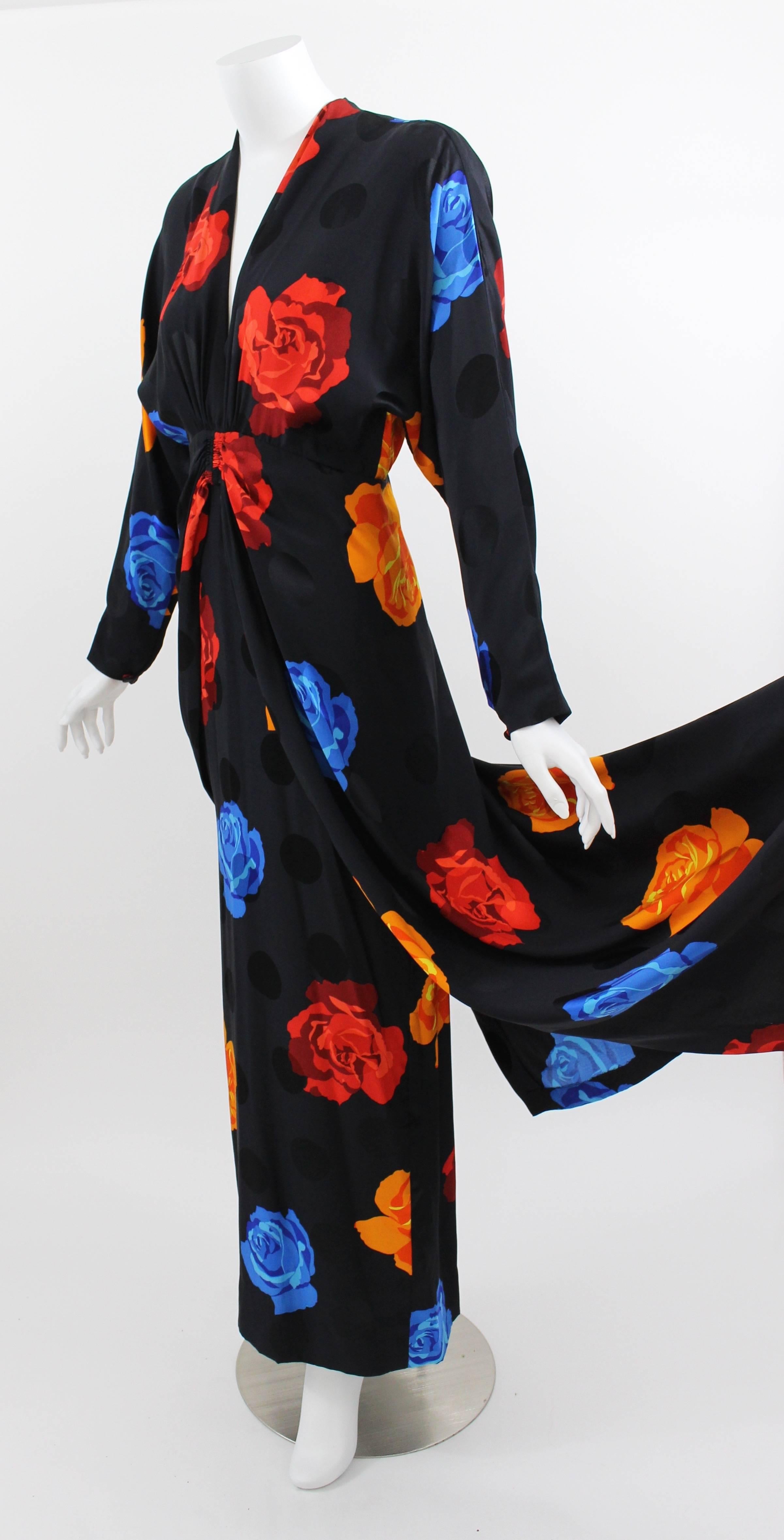 1980s Adele Simpson Silk Roses and Black Dots Plunge Neck Evening Dress 5