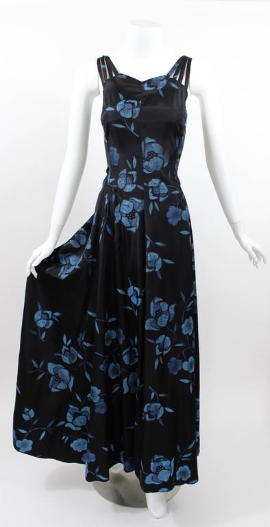1930s Black and Blue Batik Floral Print Strappy Sleeveless Maxi Dress / Gown