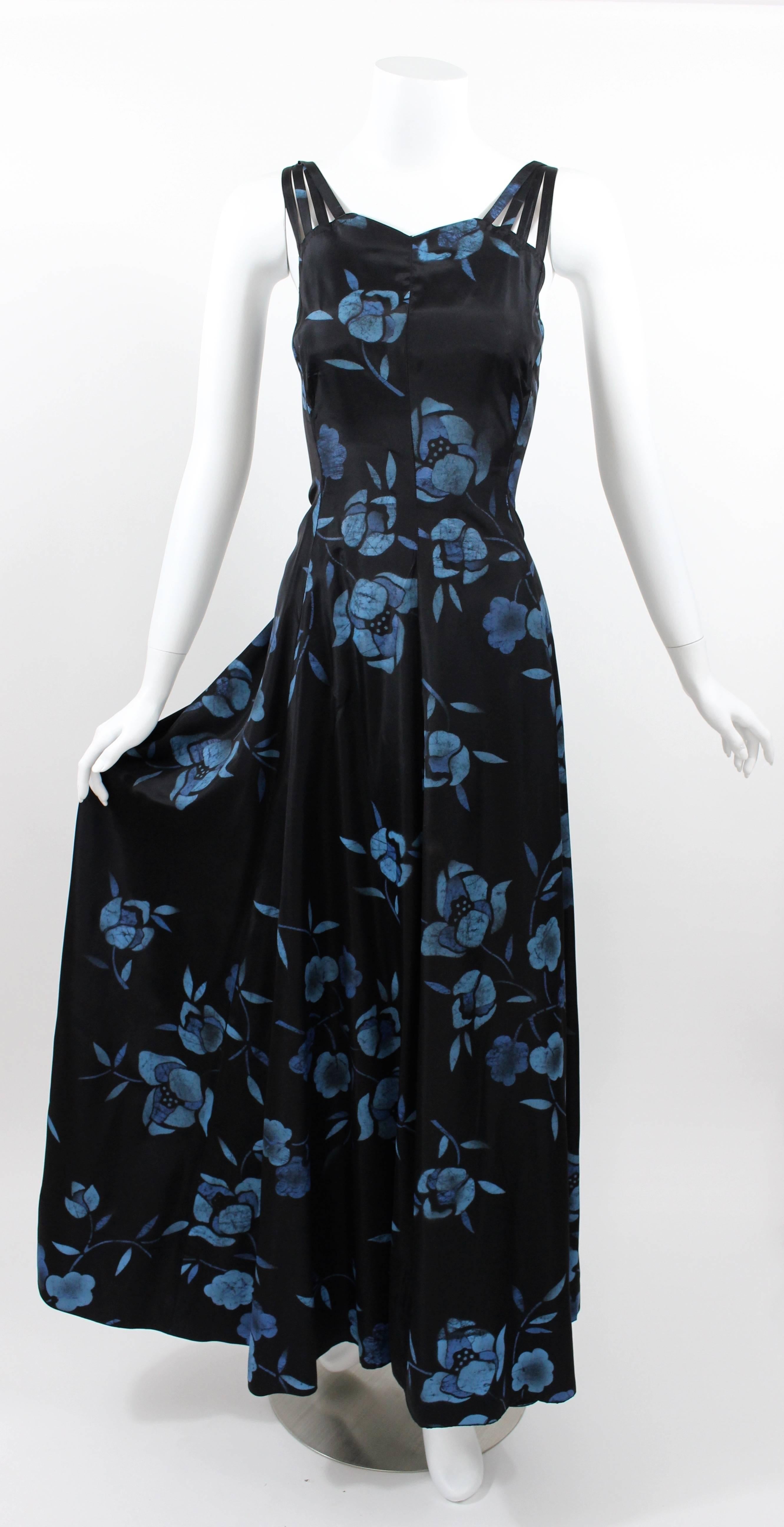 Women's 1930s Black and Blue Batik Floral Print Strappy Sleeveless Maxi Dress / Gown For Sale