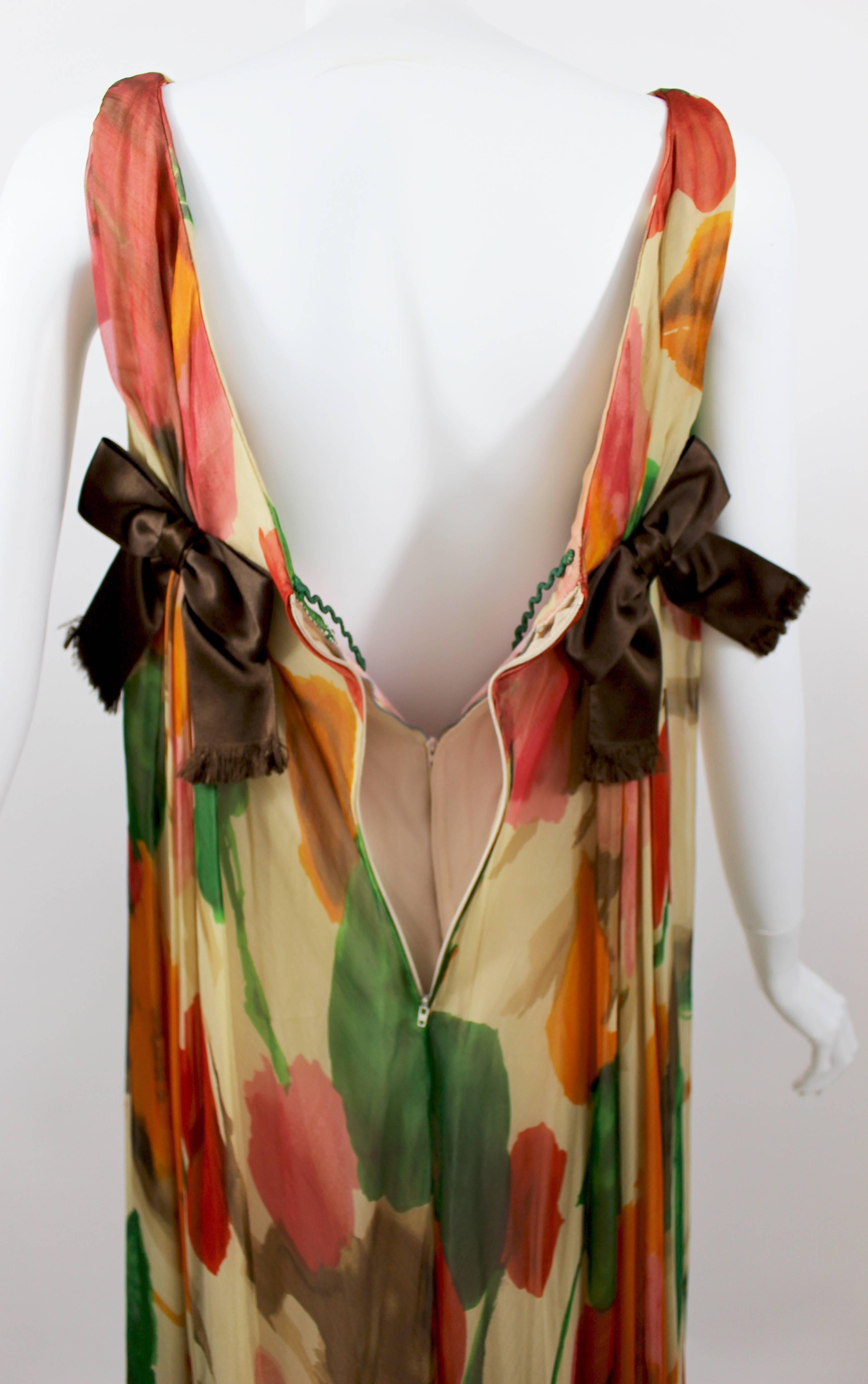 1960s Multicolor Florals Silk Organza Sleeveless Satin Bow Maxi Dress / Gown 3