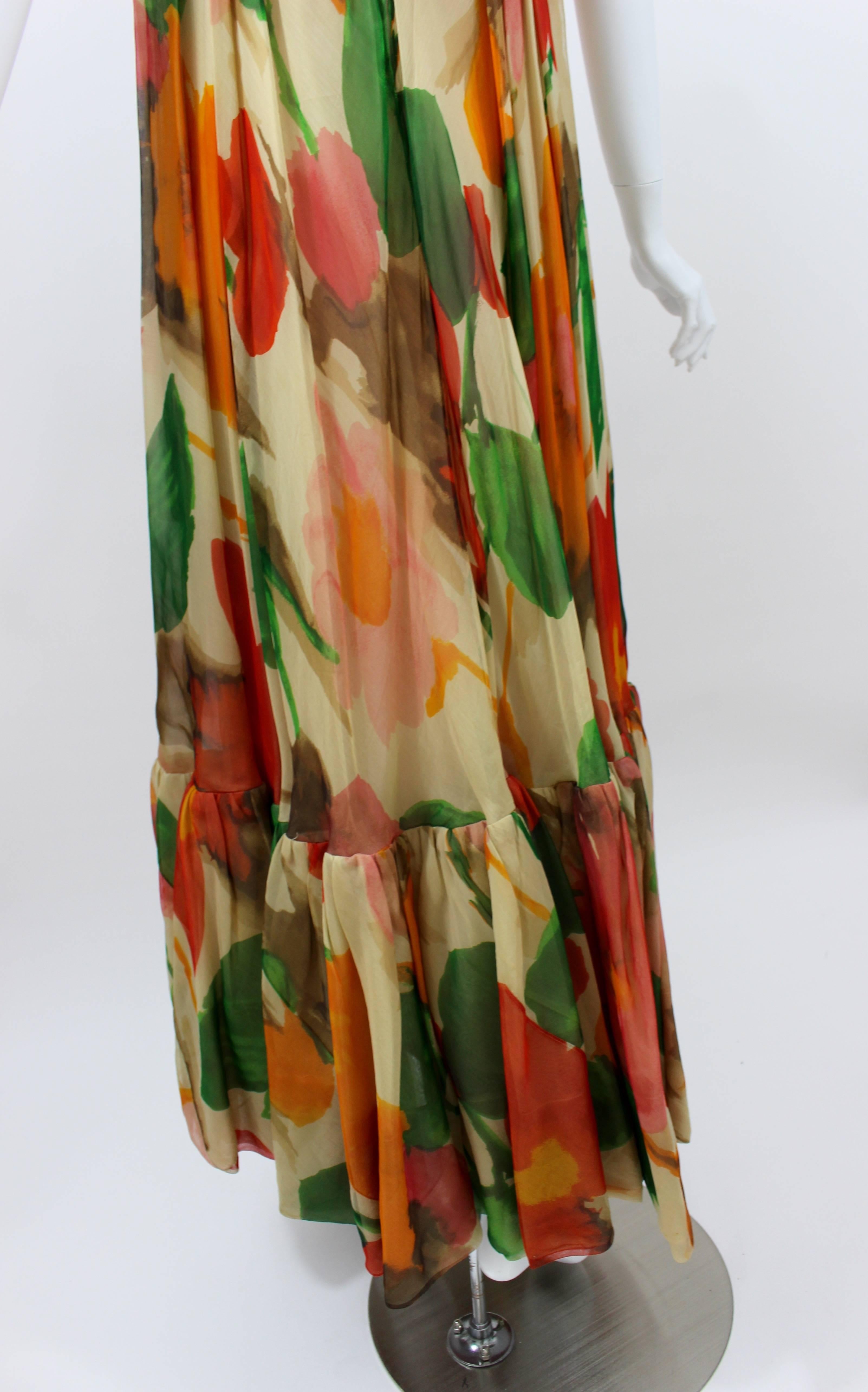 1960s Multicolor Florals Silk Organza Sleeveless Satin Bow Maxi Dress / Gown 4