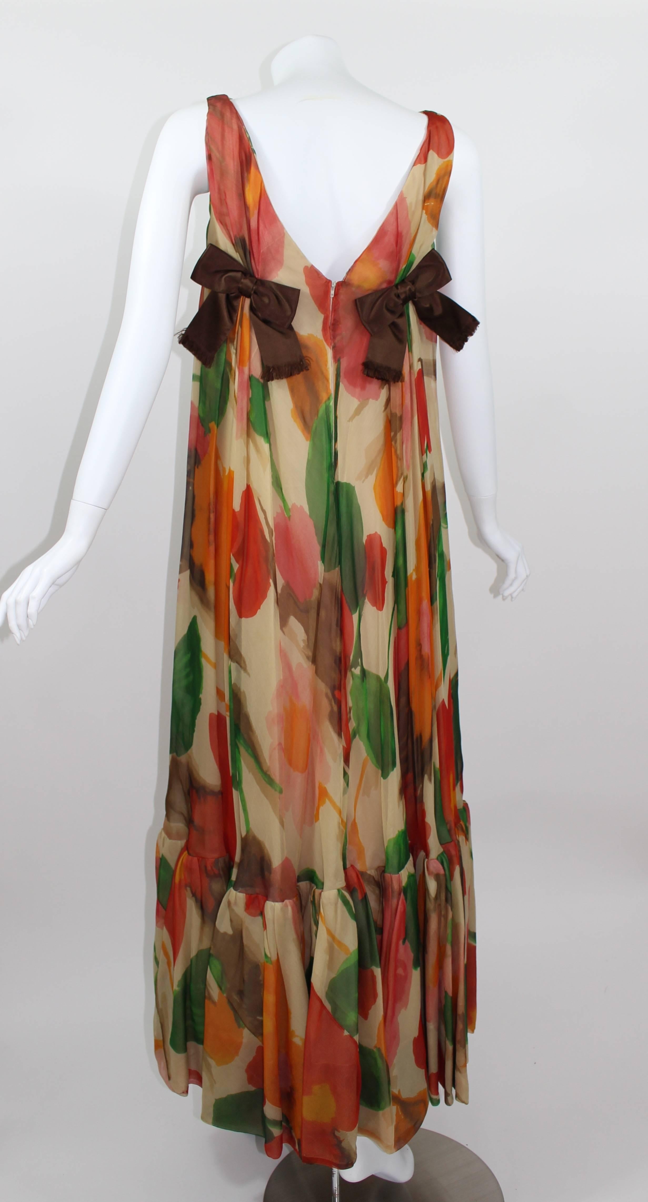 1960s Multicolor Florals Silk Organza Sleeveless Satin Bow Maxi Dress / Gown 1