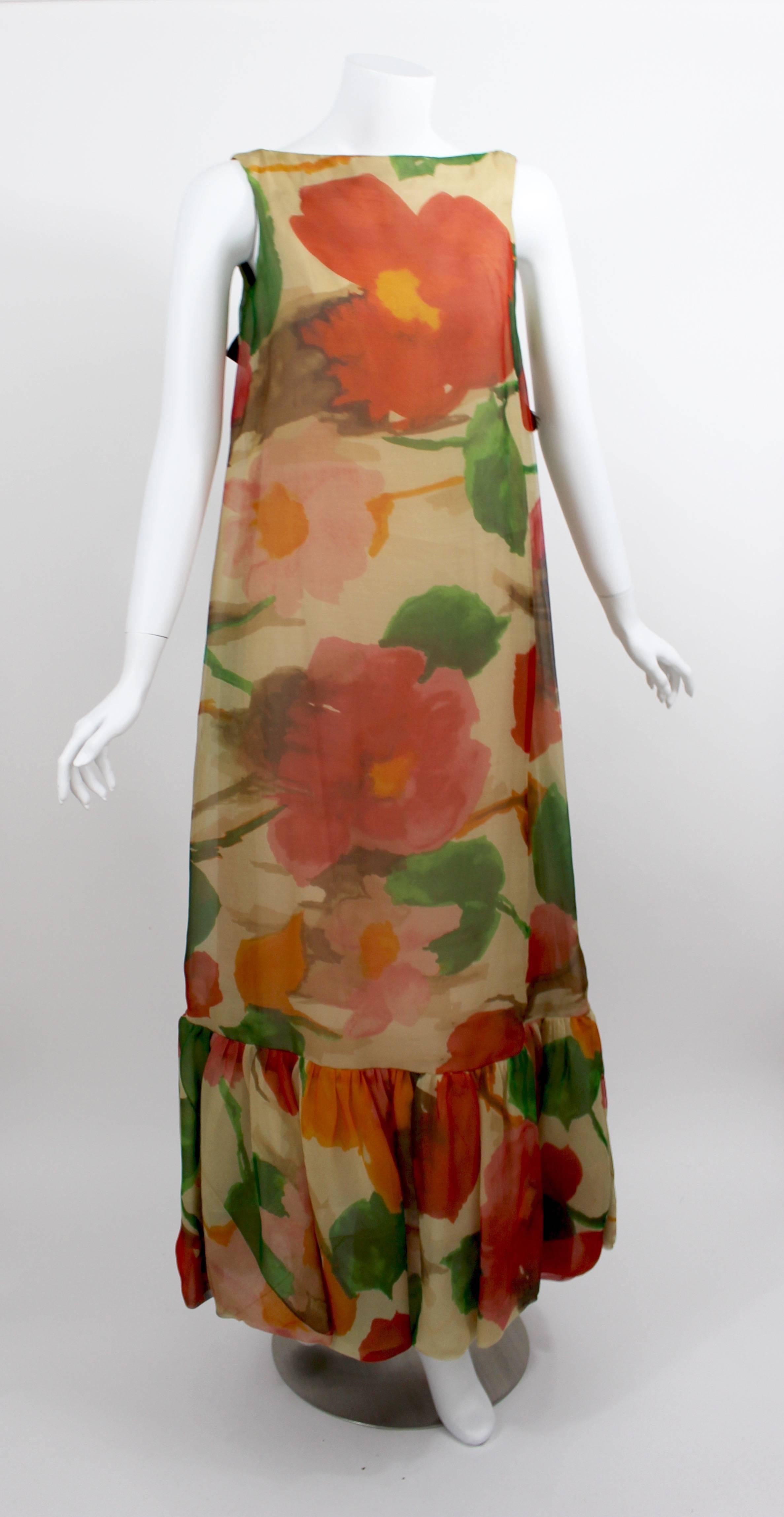 Brown 1960s Multicolor Florals Silk Organza Sleeveless Satin Bow Maxi Dress / Gown