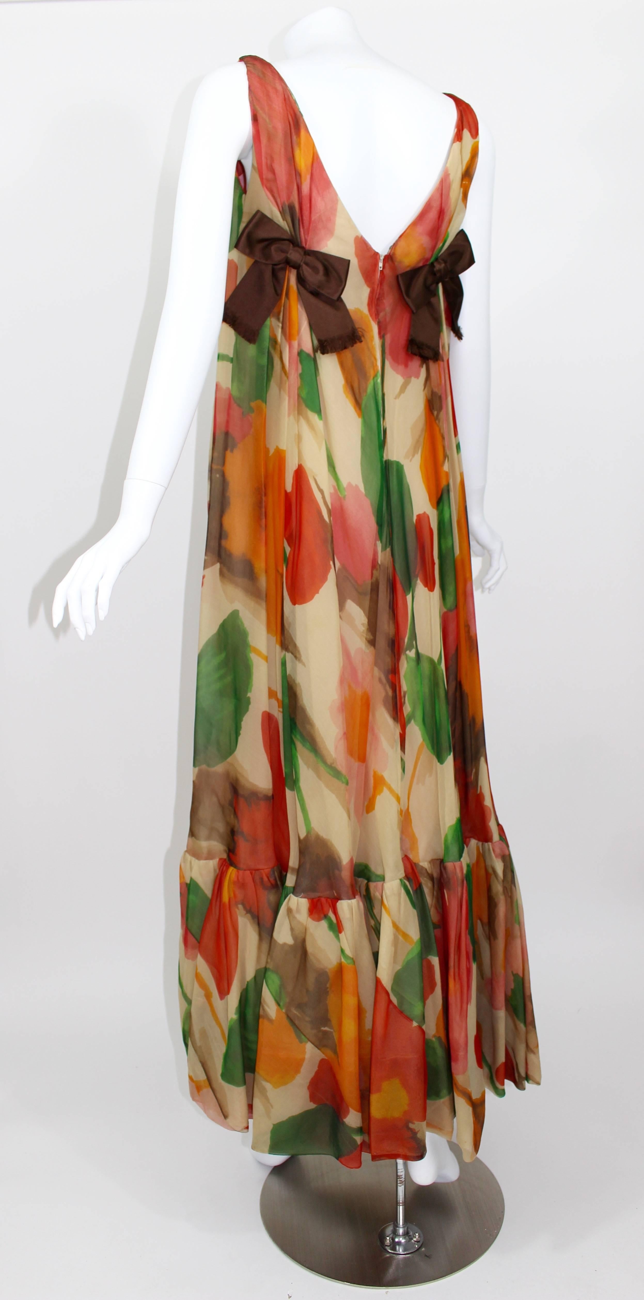 Women's 1960s Multicolor Florals Silk Organza Sleeveless Satin Bow Maxi Dress / Gown