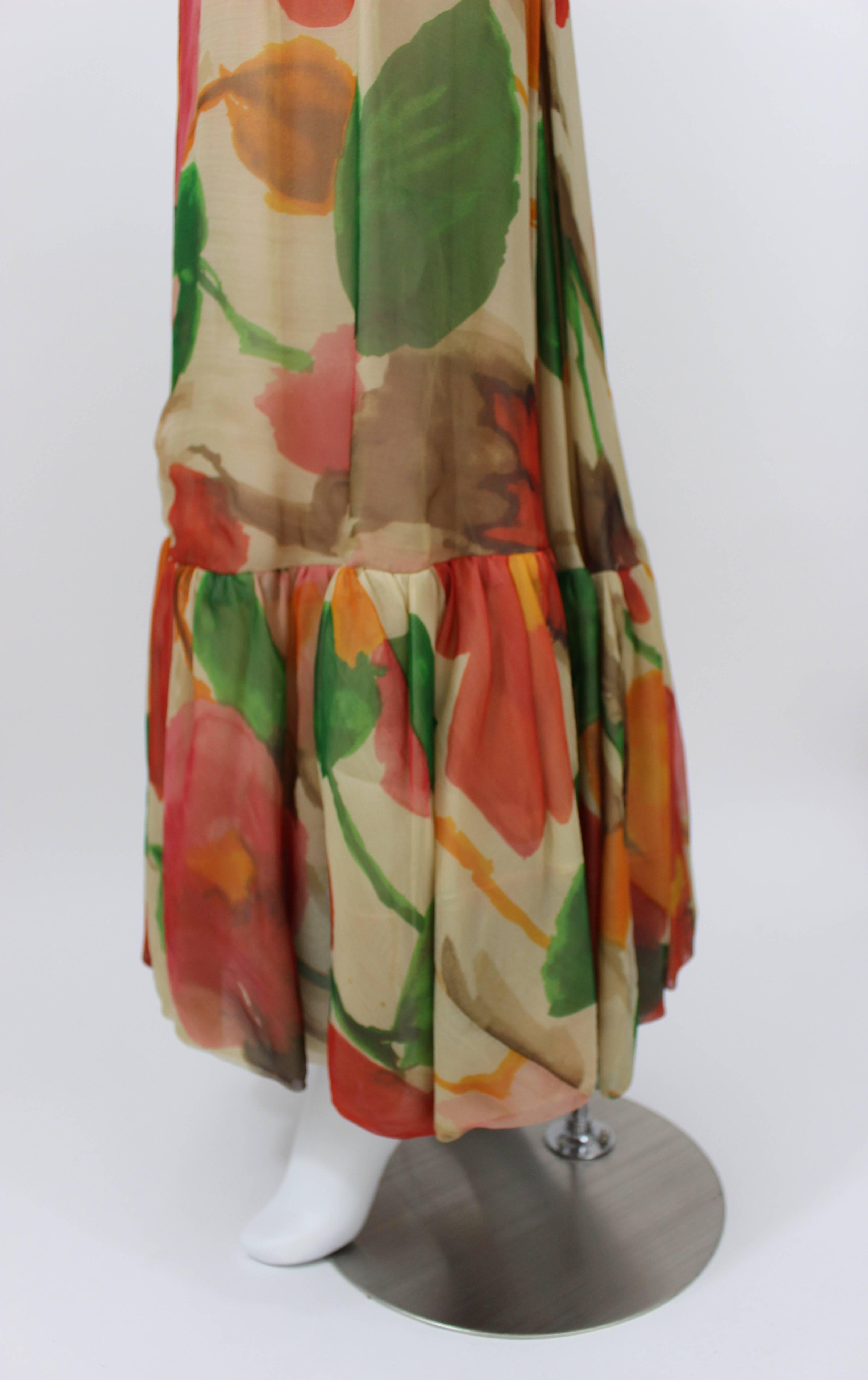 1960s Multicolor Florals Silk Organza Sleeveless Satin Bow Maxi Dress / Gown 2