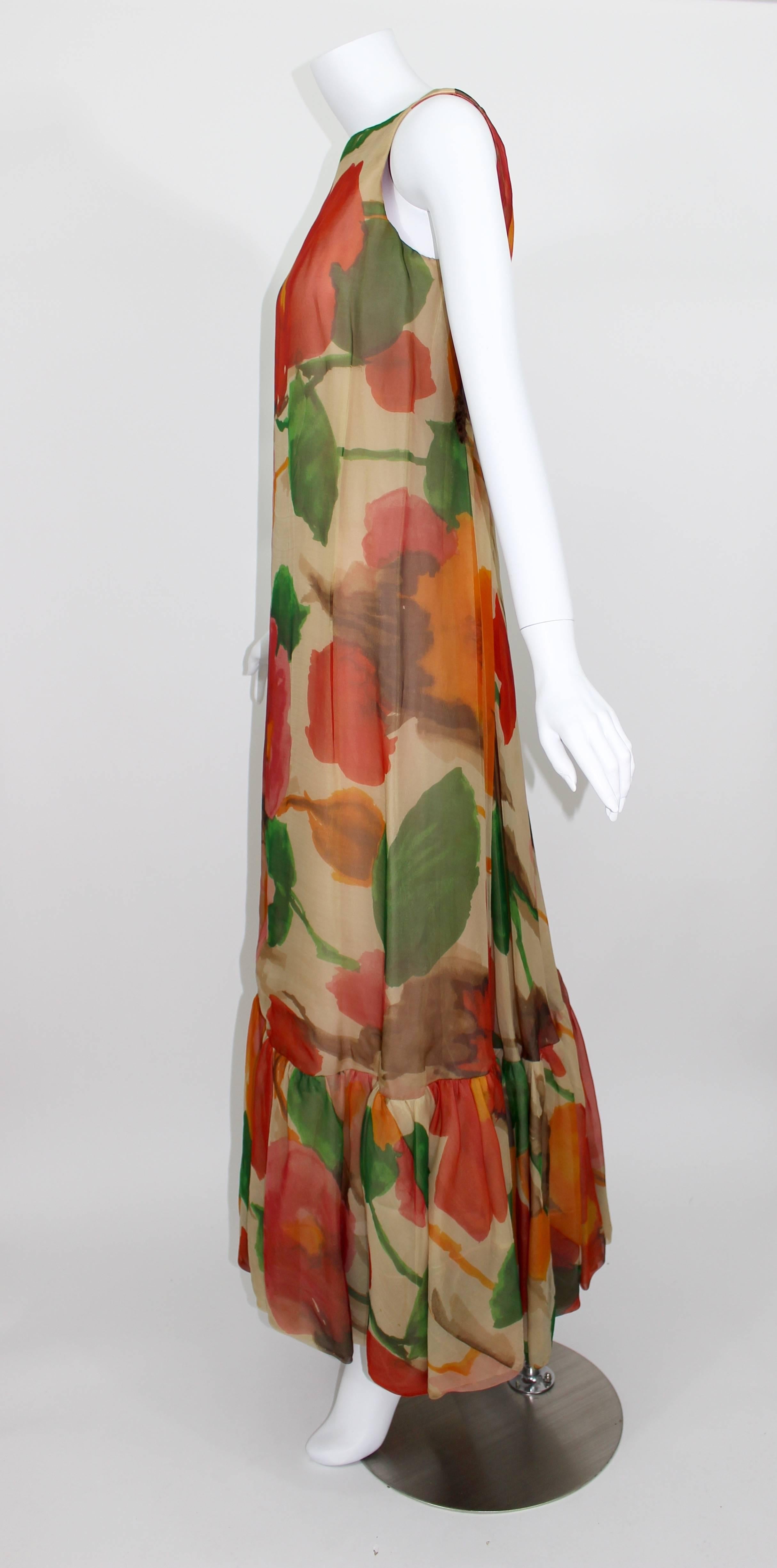 1960s Multicolor Florals Silk Organza Sleeveless Satin Bow Maxi Dress / Gown In Excellent Condition In Boca Raton, FL