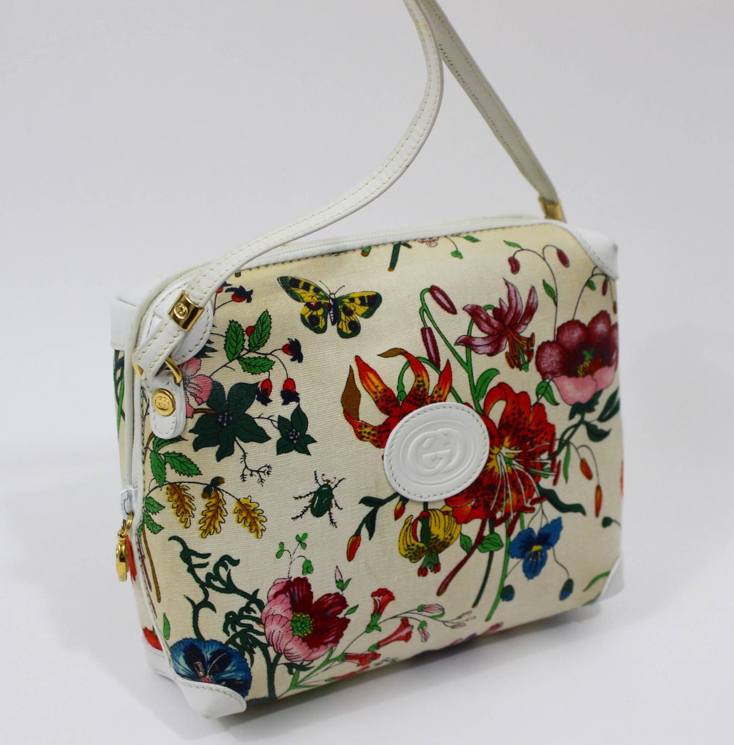 Vintage Gucci Floral Canvas White Leather Cross Body Shoulder Bag Purse For Sale at 1stdibs