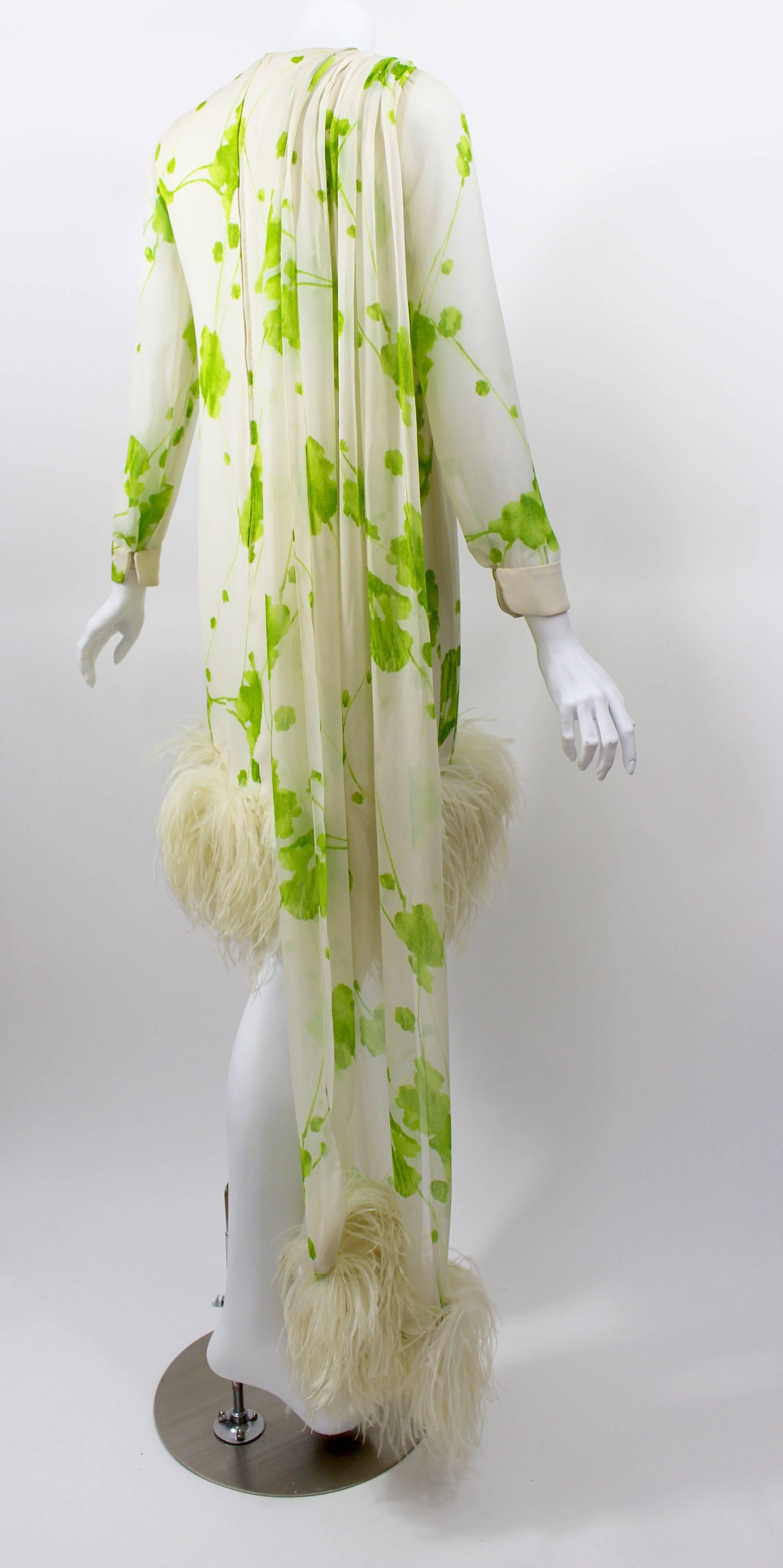 1960s Pierre Cardin Ivory and Green Silk Print Ostritch Feather Trim Dress In Good Condition For Sale In Boca Raton, FL