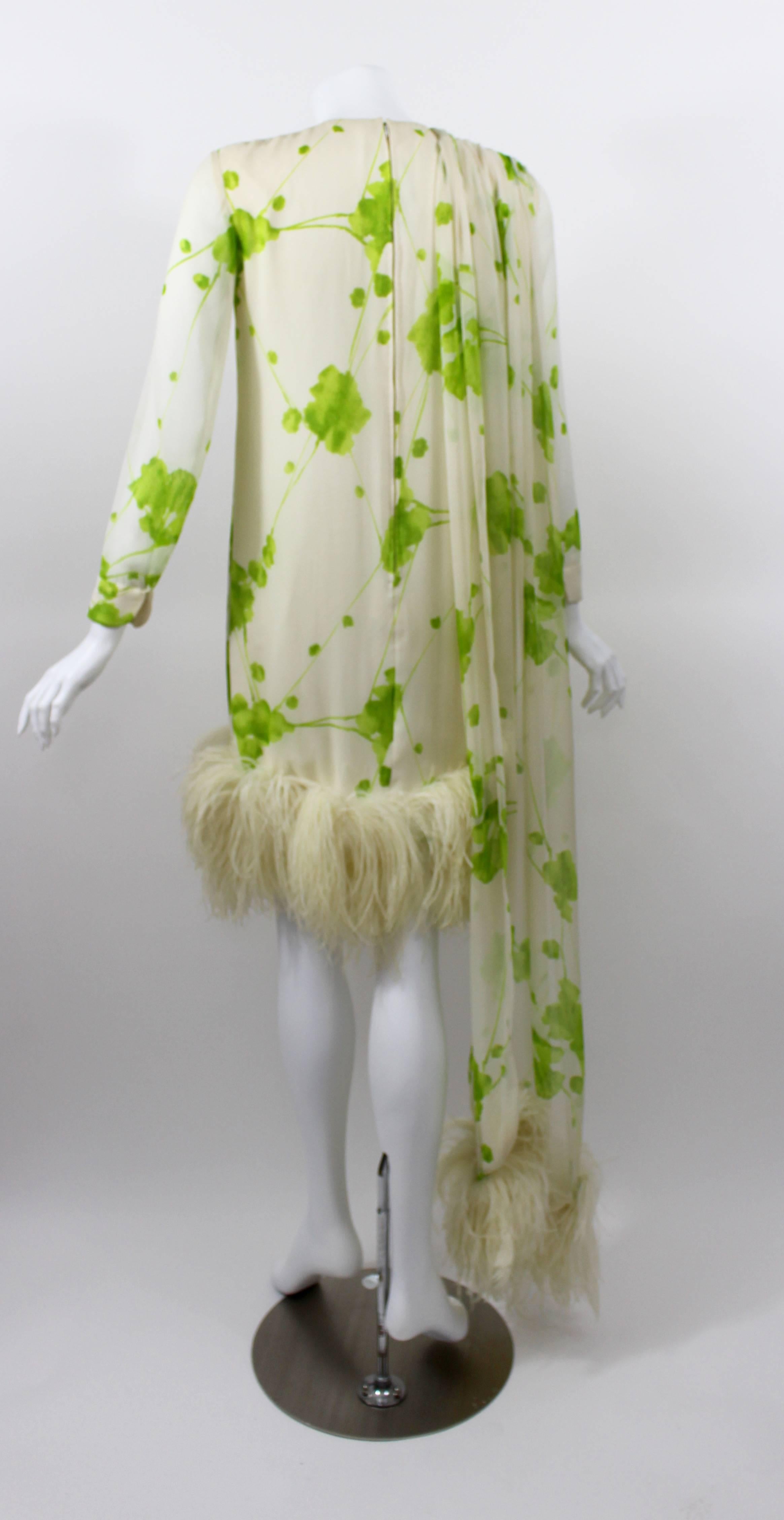 Women's 1960s Pierre Cardin Ivory and Green Silk Print Ostritch Feather Trim Dress For Sale