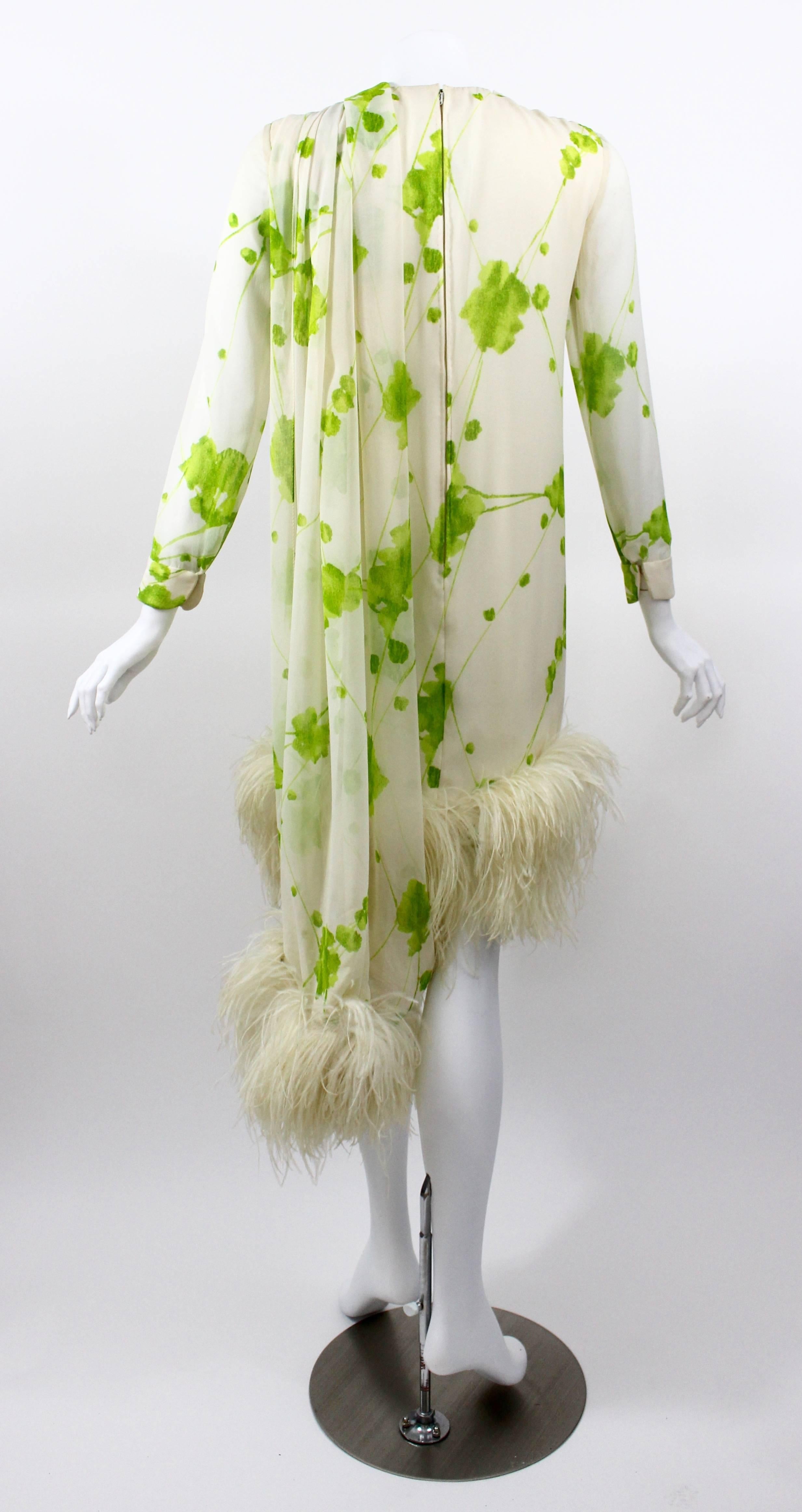 1960s Pierre Cardin Ivory and Green Silk Print Ostritch Feather Trim Dress For Sale 1