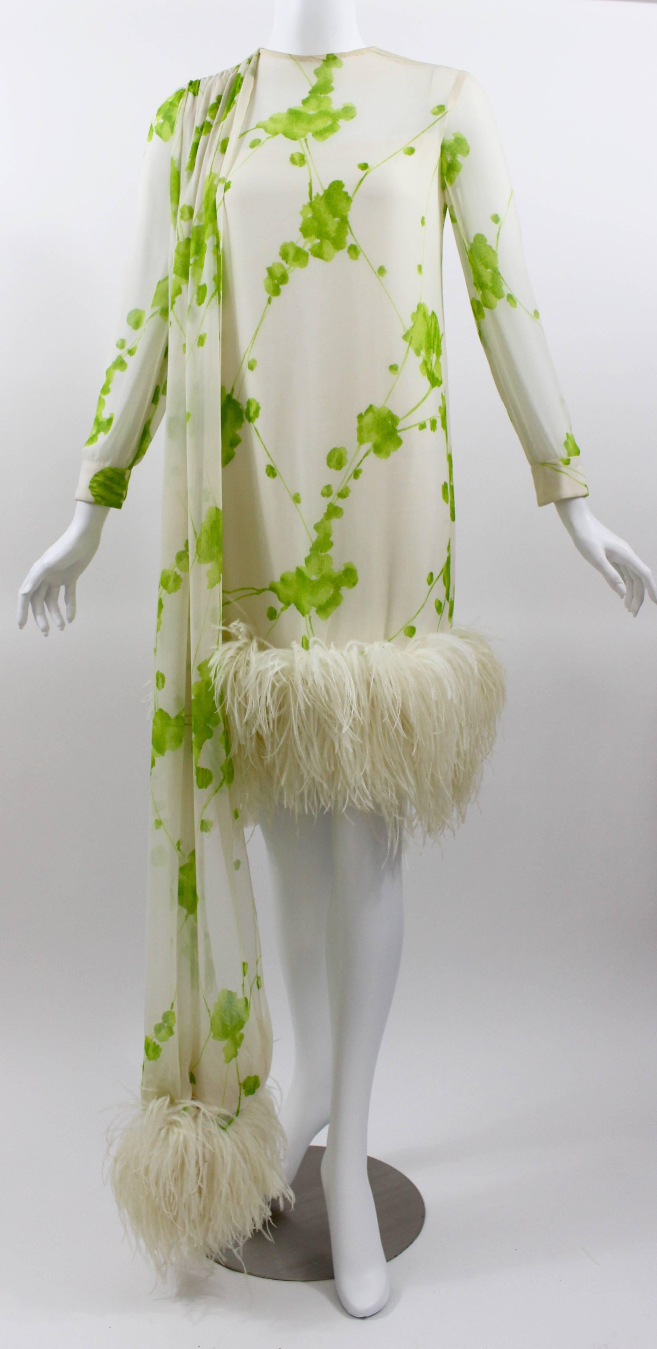 Beige 1960s Pierre Cardin Ivory and Green Silk Print Ostritch Feather Trim Dress For Sale