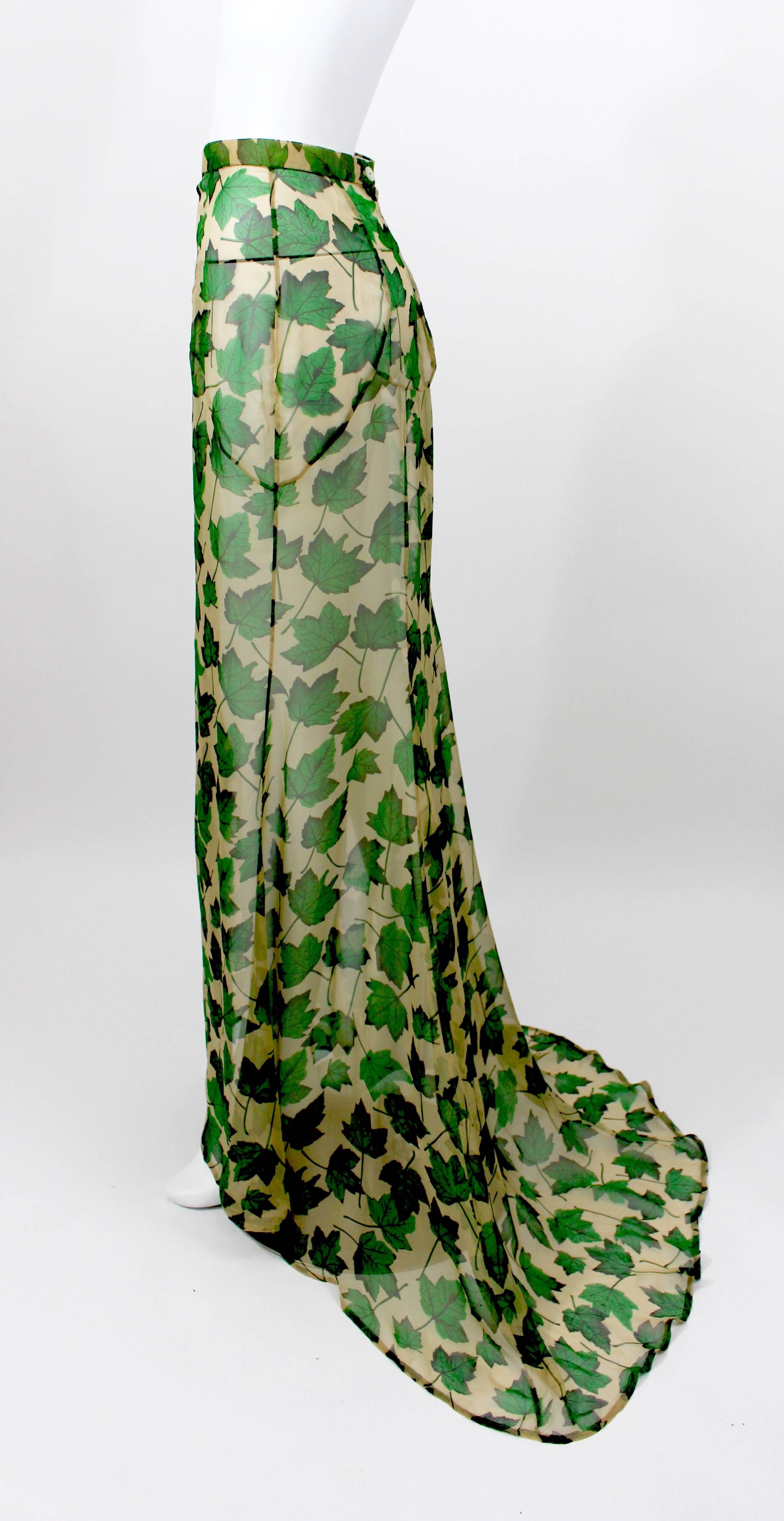 Gray Dolce & Gabbana Sheer Silk Beige & Green Leaf Print Maxi Skirt with Train