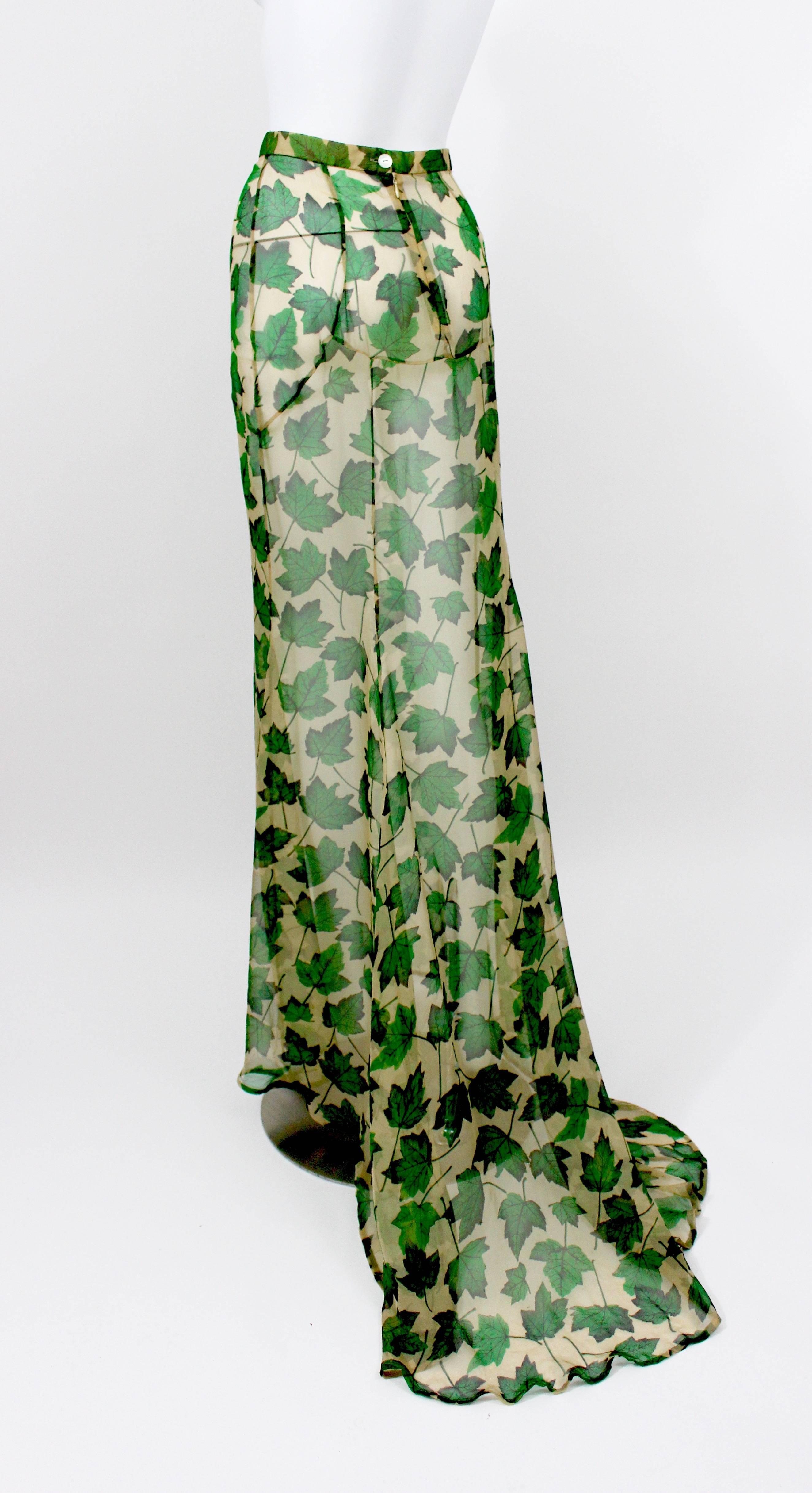 Dolce & Gabbana Sheer Silk Beige & Green Leaf Print Maxi Skirt with Train In Excellent Condition In Boca Raton, FL