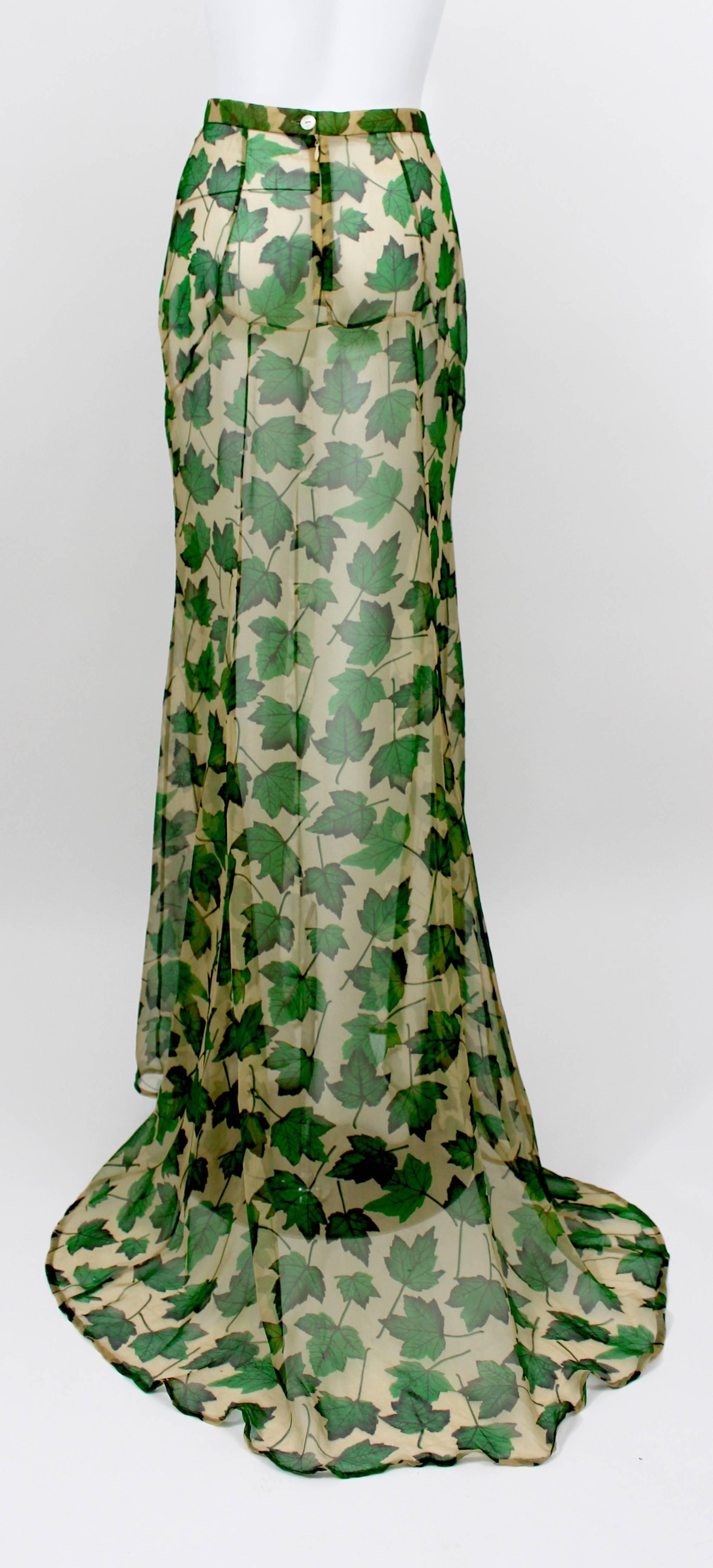 Women's Dolce & Gabbana Sheer Silk Beige & Green Leaf Print Maxi Skirt with Train