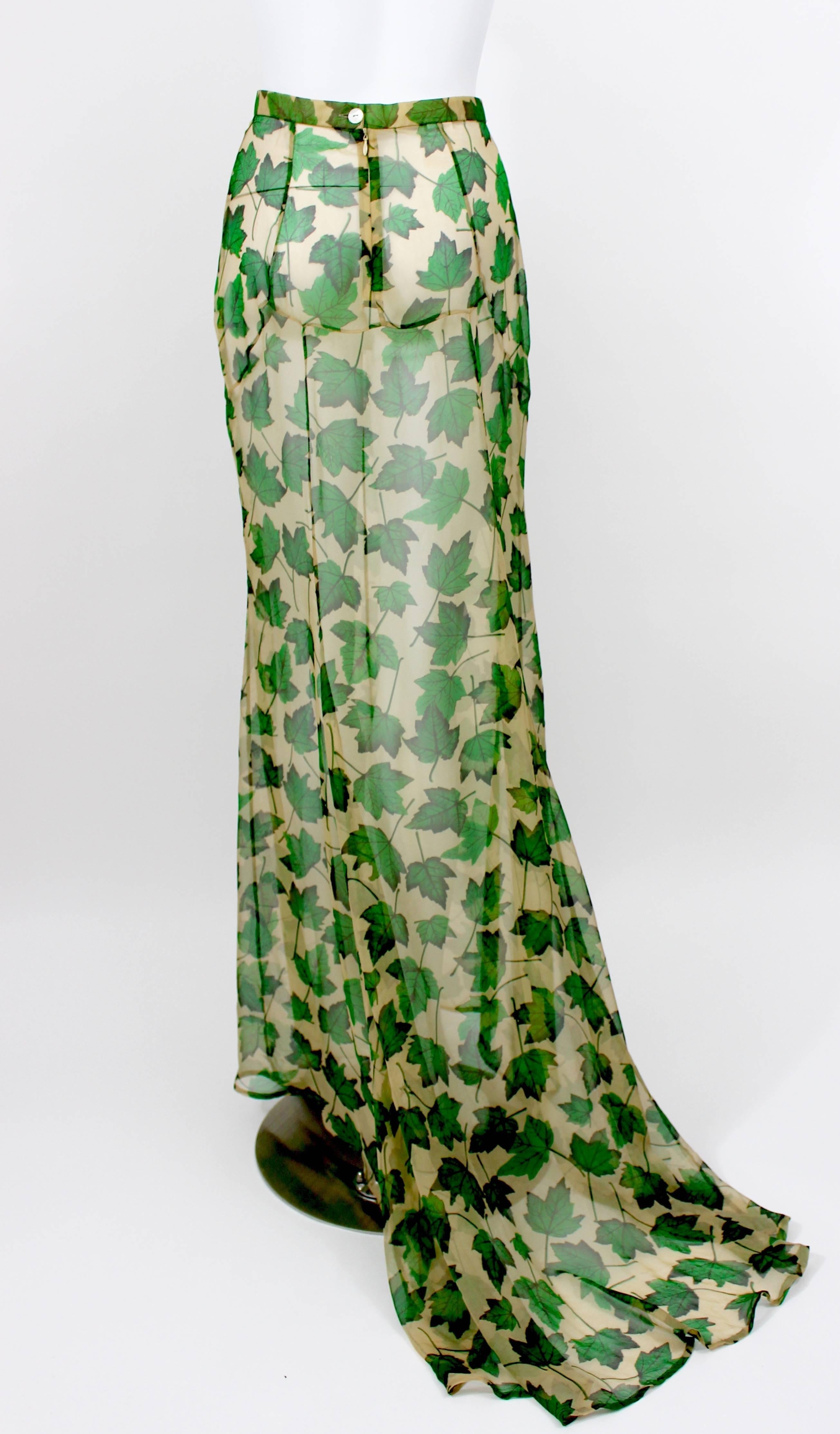Dolce & Gabbana Sheer Silk Beige & Green Leaf Print Maxi Skirt with Train 1