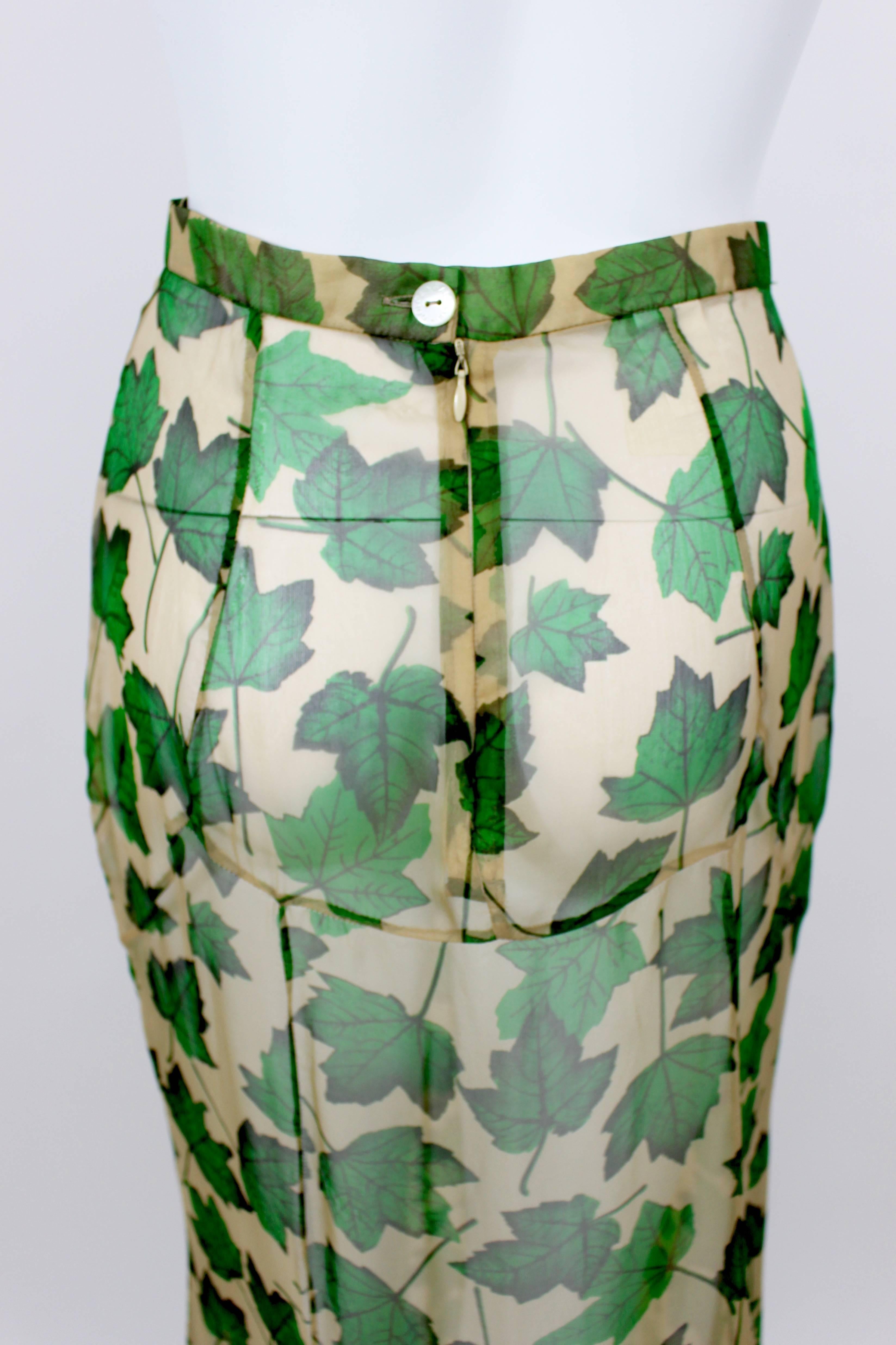 Dolce & Gabbana Sheer Silk Beige & Green Leaf Print Maxi Skirt with Train 2