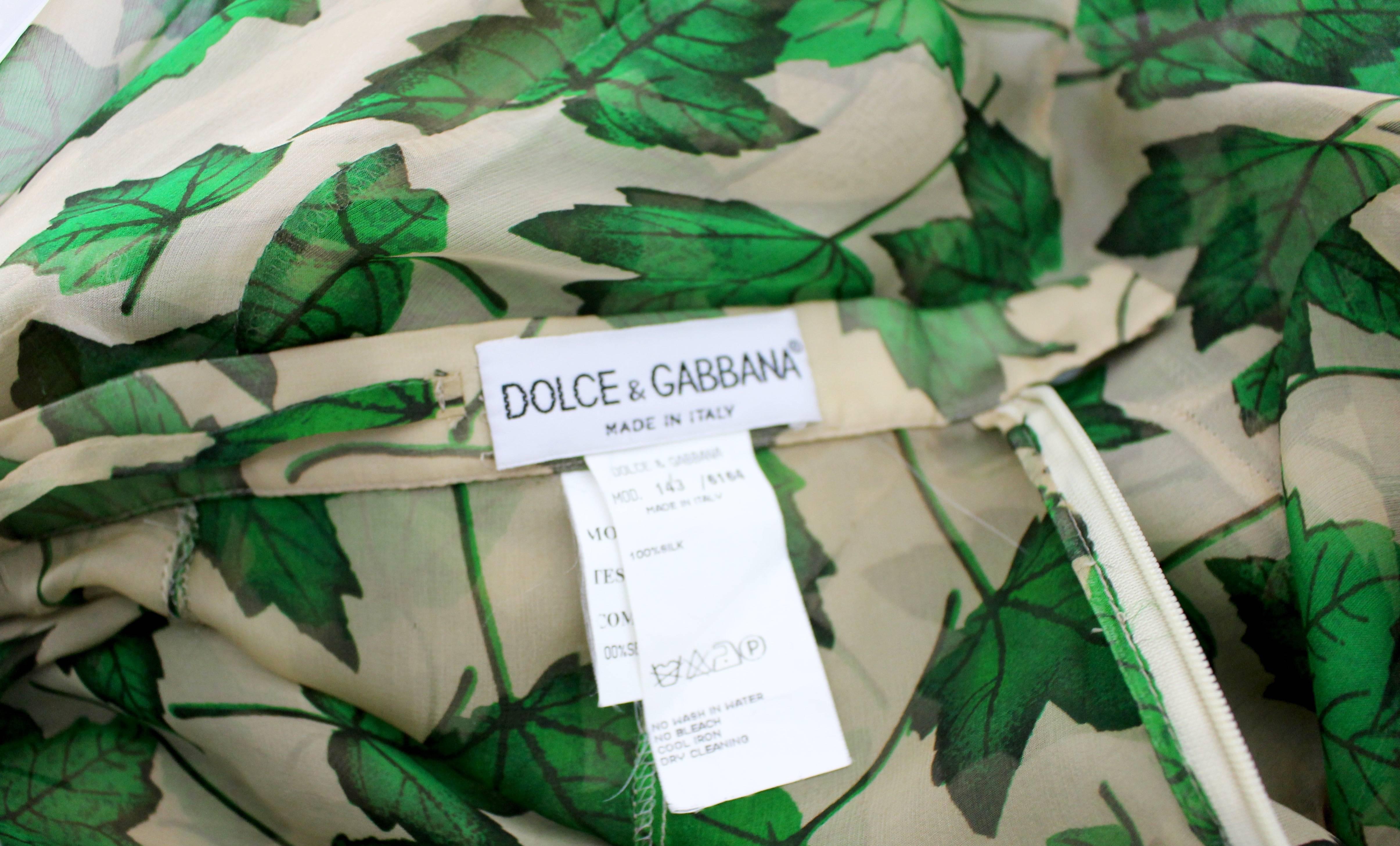 Dolce & Gabbana Sheer Silk Beige & Green Leaf Print Maxi Skirt with Train 3
