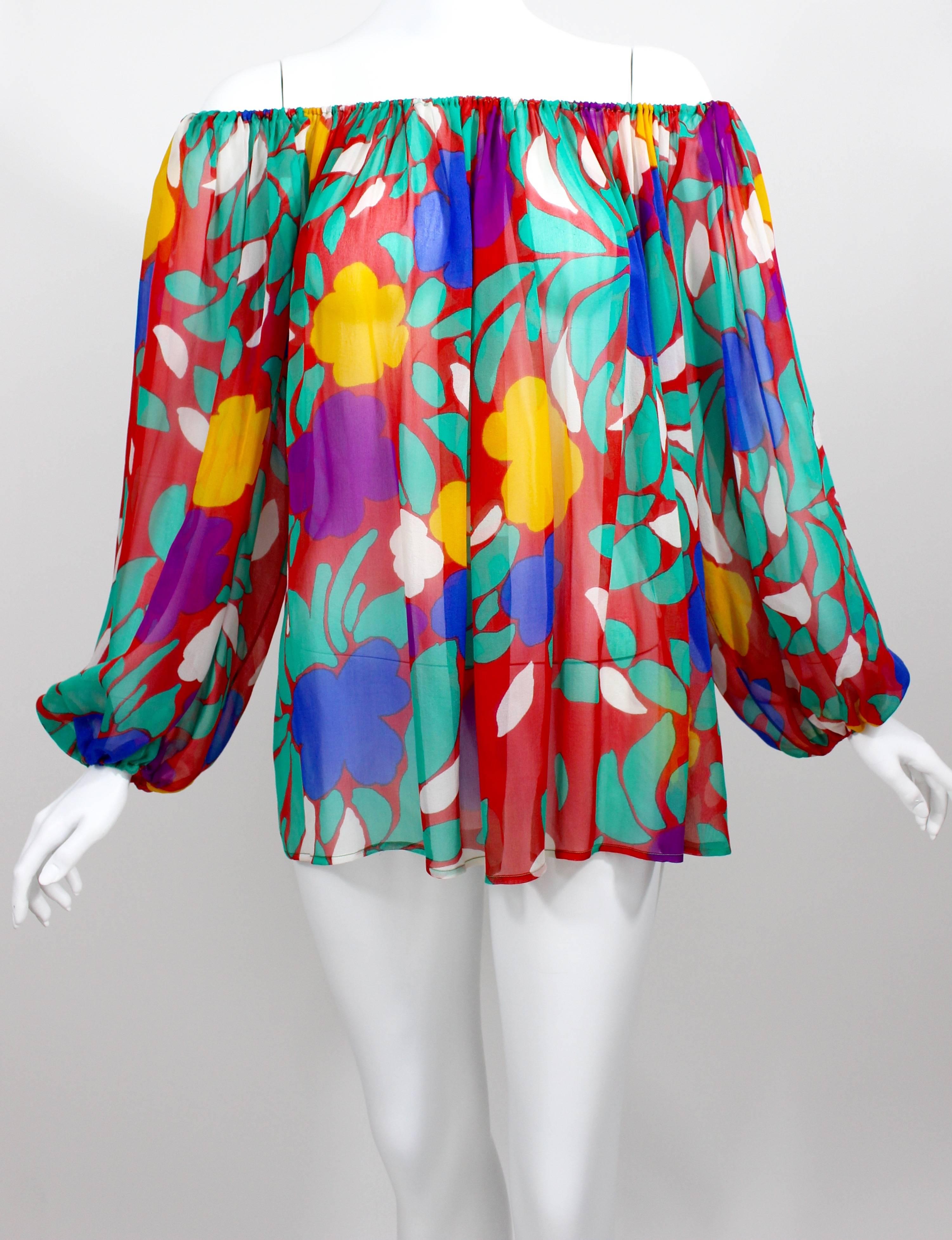 1979 Yves Saint Laurent Silk Chiffon Colorful Floral Print Blouse Documented YSL In Excellent Condition In Boca Raton, FL