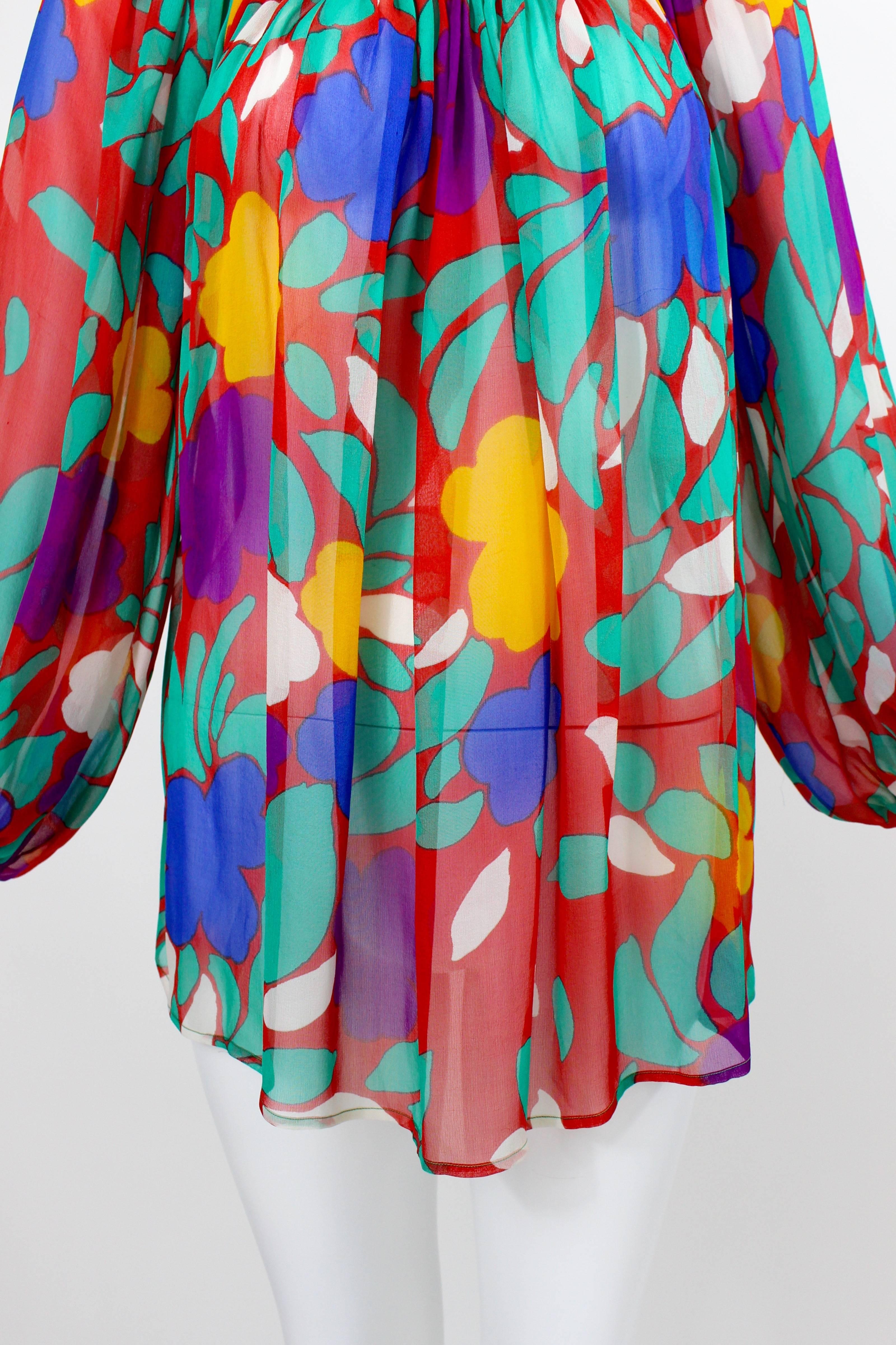 Women's 1979 Yves Saint Laurent Silk Chiffon Colorful Floral Print Blouse Documented YSL